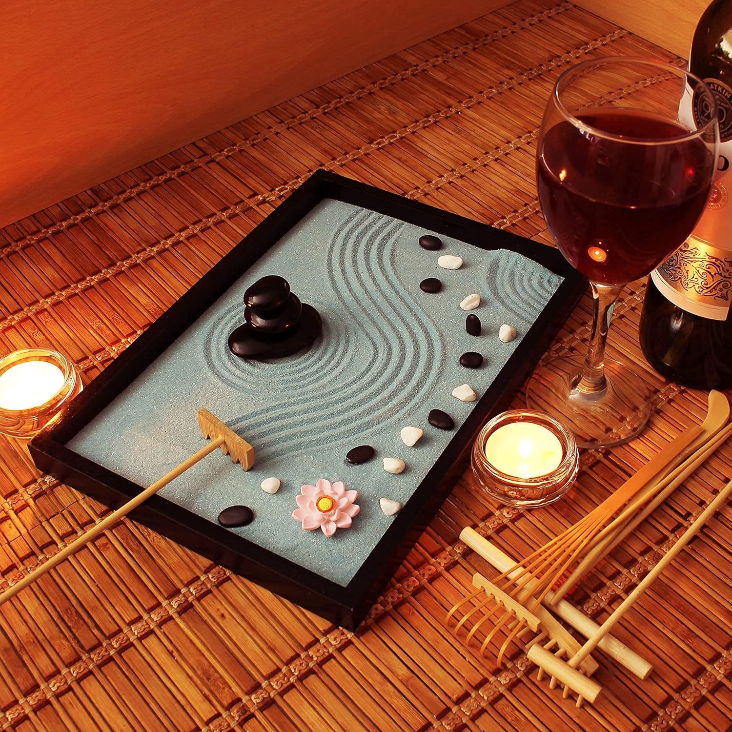 Showcases the product in a calming, real-world spa or meditation environment to help shoppers visualize its use for stress relief and mindfulness.