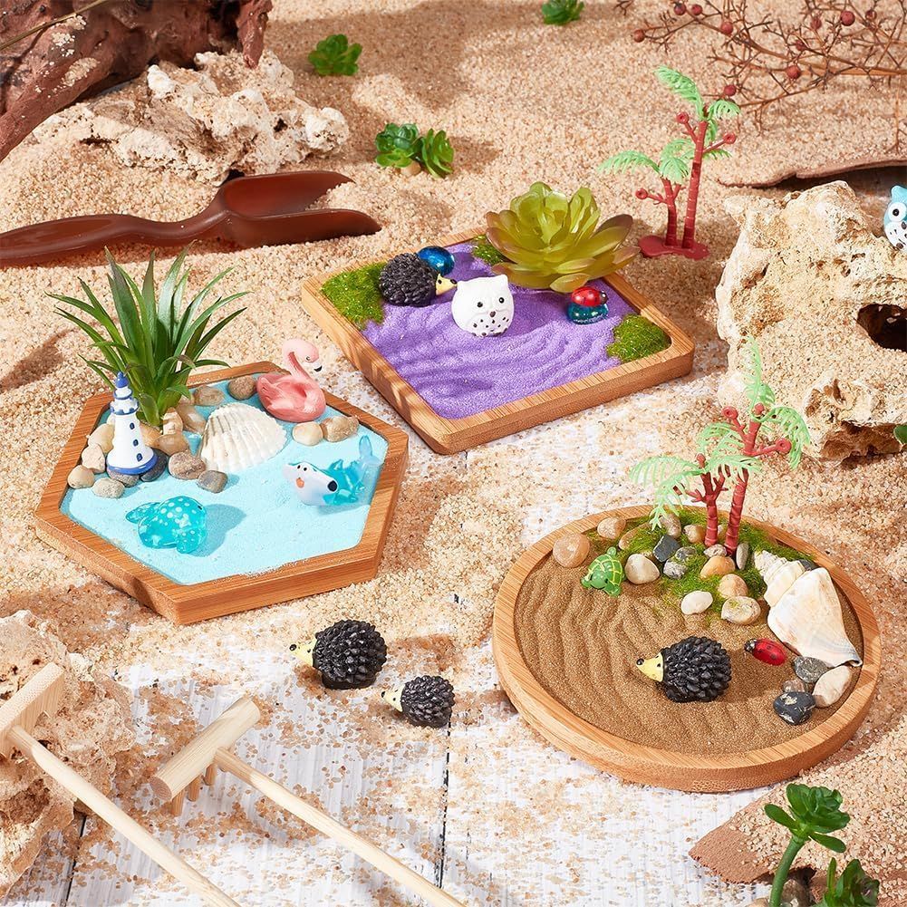Showcases the product in a creative, real-world setting to help shoppers visualize how the miniature zen garden kits can be arranged and displayed,…