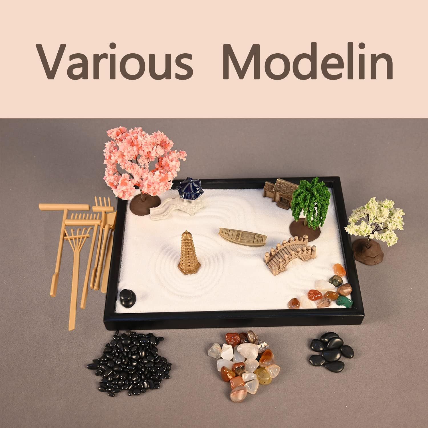 Shows all the components included in the zen garden kit—sand tray, miniature trees, decorative stones, wooden tools, and accessories—to help shoppers…