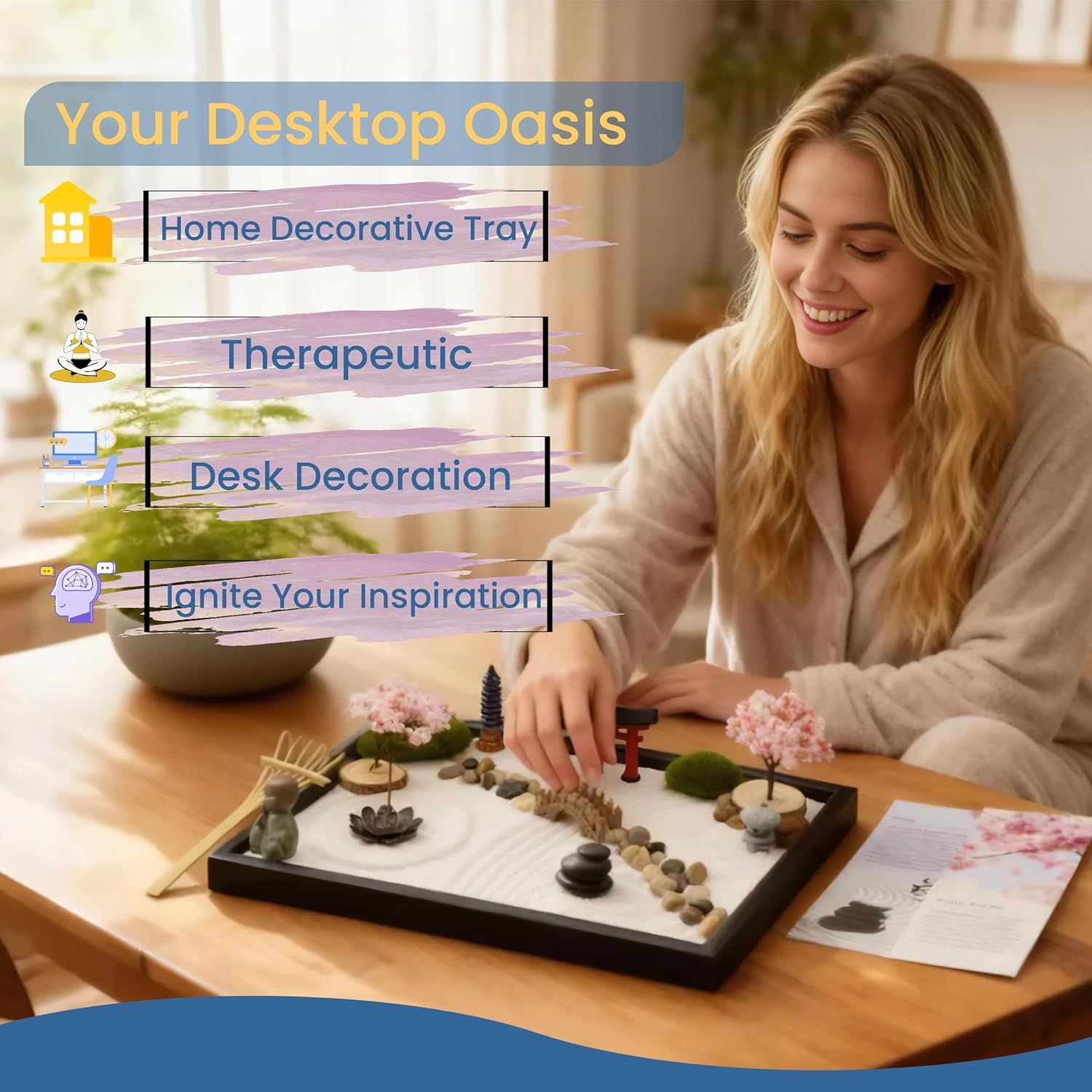 Demonstrates multiple use cases for the desktop zen garden tray, showing it can serve as home decor, a therapeutic tool, desk decoration, and an inspirational…