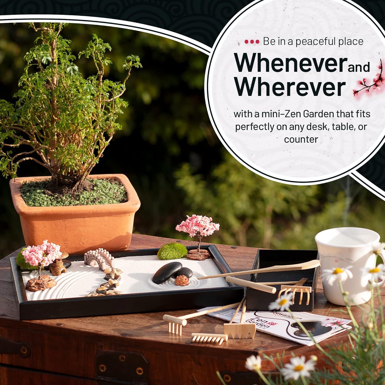 Demonstrates that the mini-Zen garden can be used in multiple settings (desk, table, or counter) to create a peaceful environment wherever the customer needs…