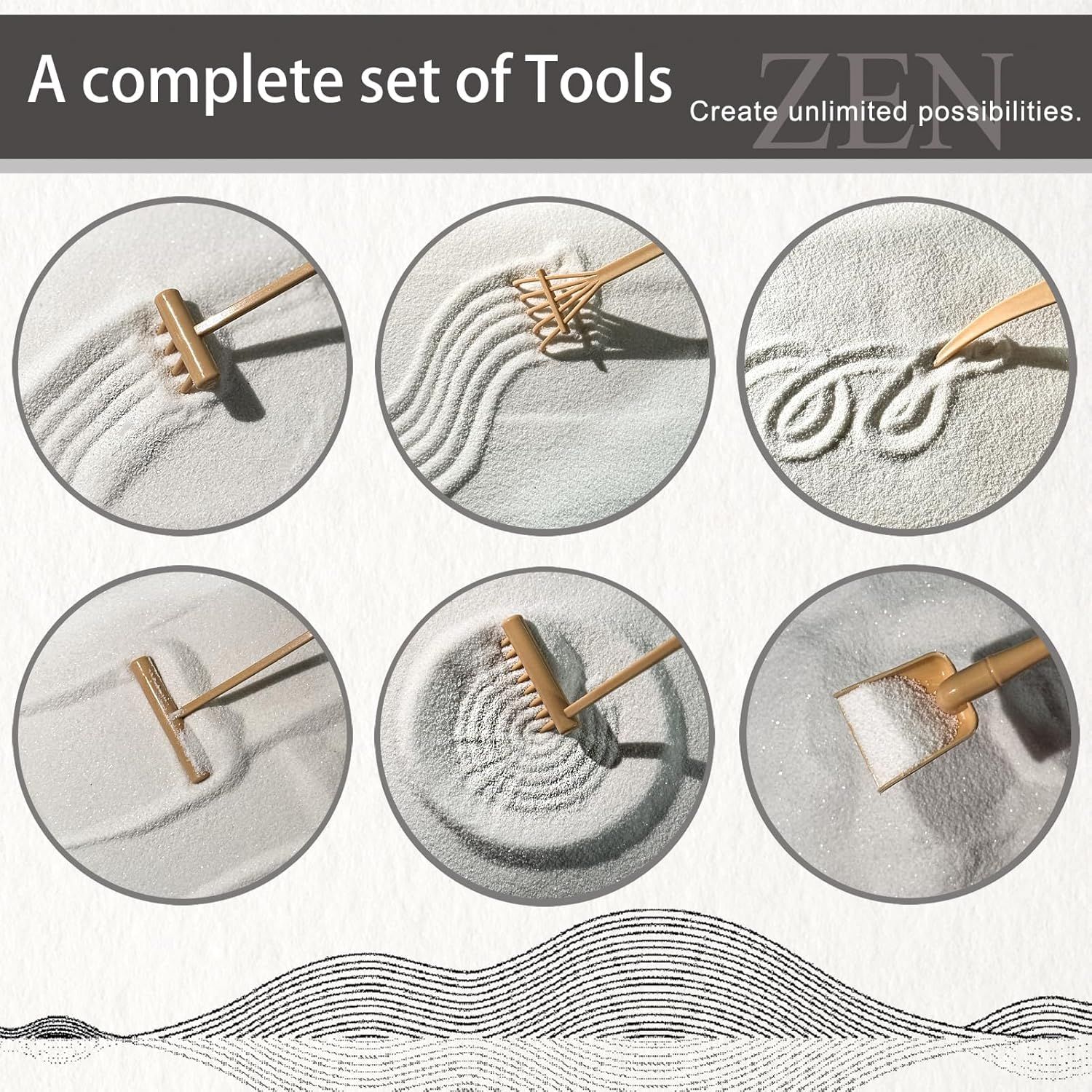 Shows the customer all the different tools included in the Zen garden set, demonstrating the variety and completeness of the kit for creating different sand…