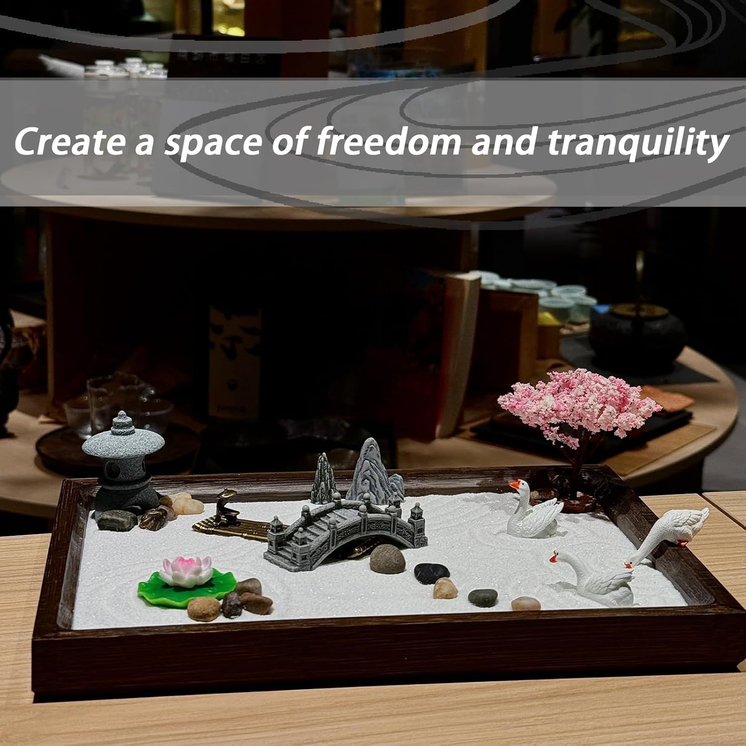 Communicates the emotional benefit of creating a peaceful, tranquil space using this zen garden product, appealing to shoppers seeking relaxation and…