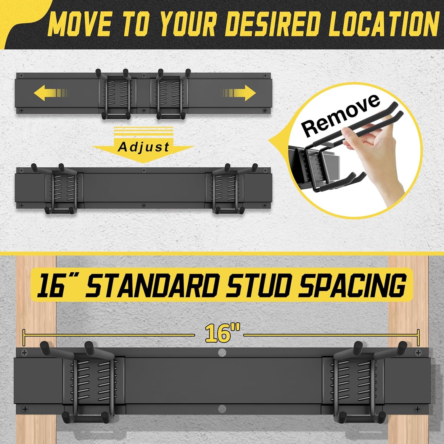 Demonstrates how to adjust and install the mounting bracket to fit desired locations and standard 16-inch stud spacing, reassuring shoppers about ease of…