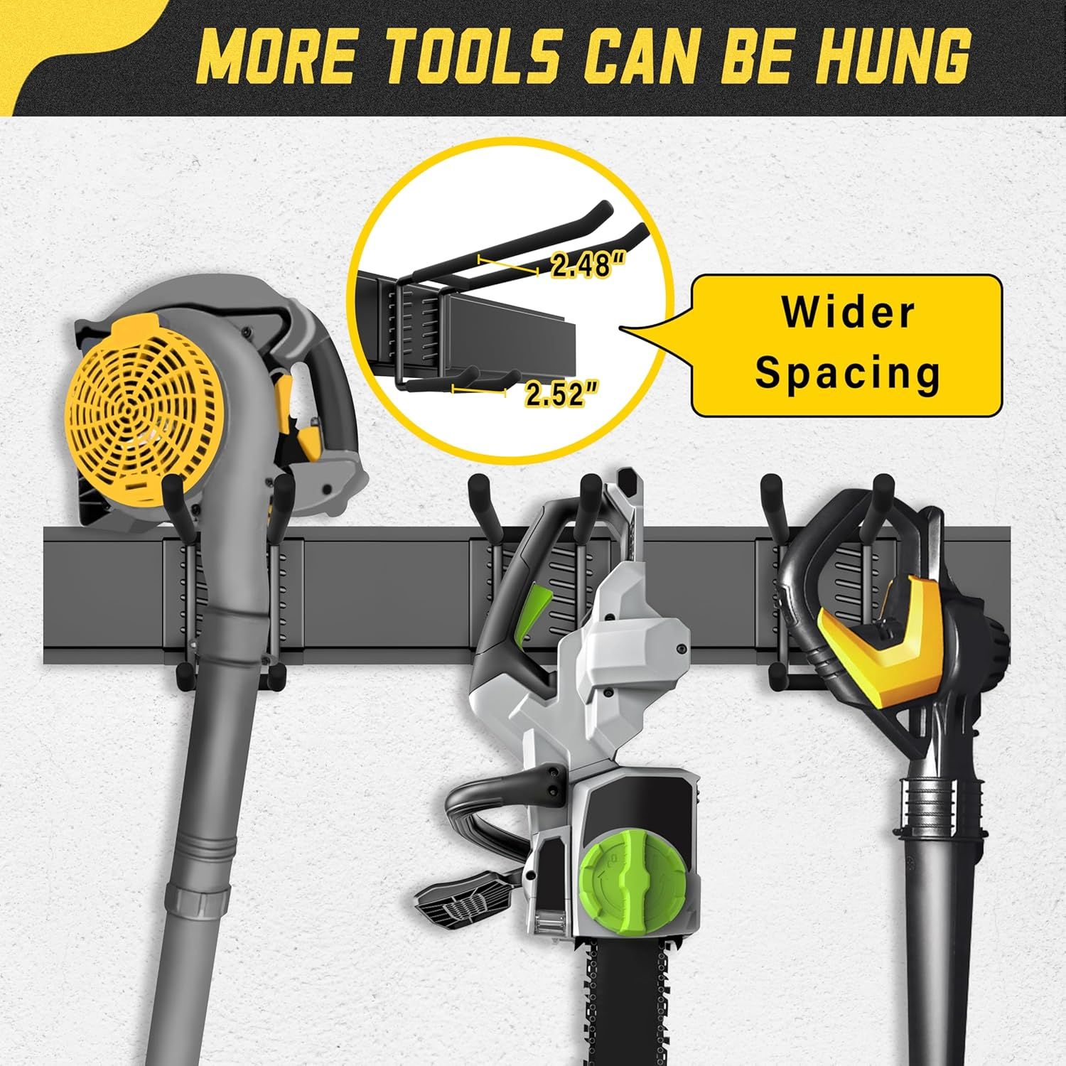 Communicates that the tool hanger has wider spacing (2.48" x 2.52") to accommodate more tools, reassuring shoppers about its capacity and versatility.…