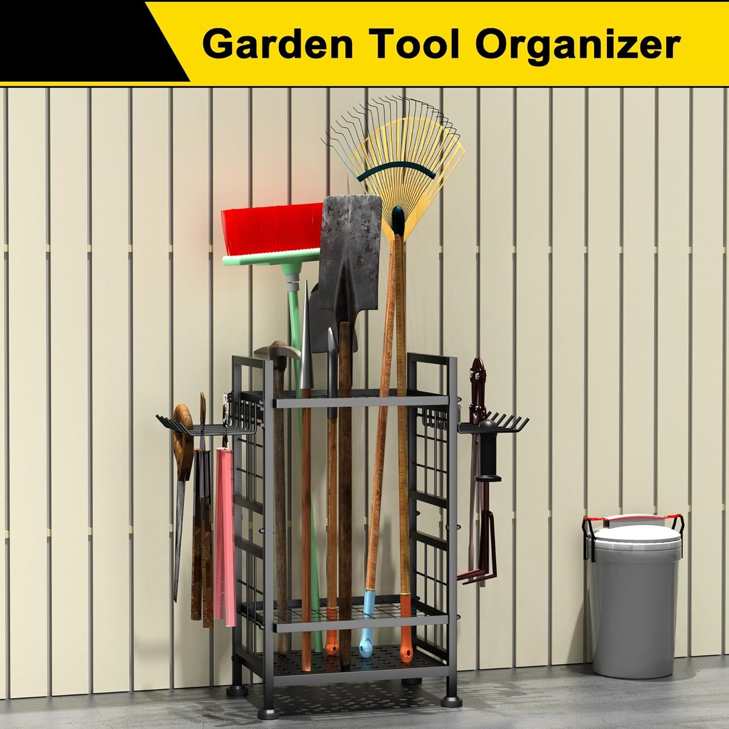 Shows all the garden tools and accessories included with the organizer, demonstrating the comprehensive storage solution and variety of tools the customer…