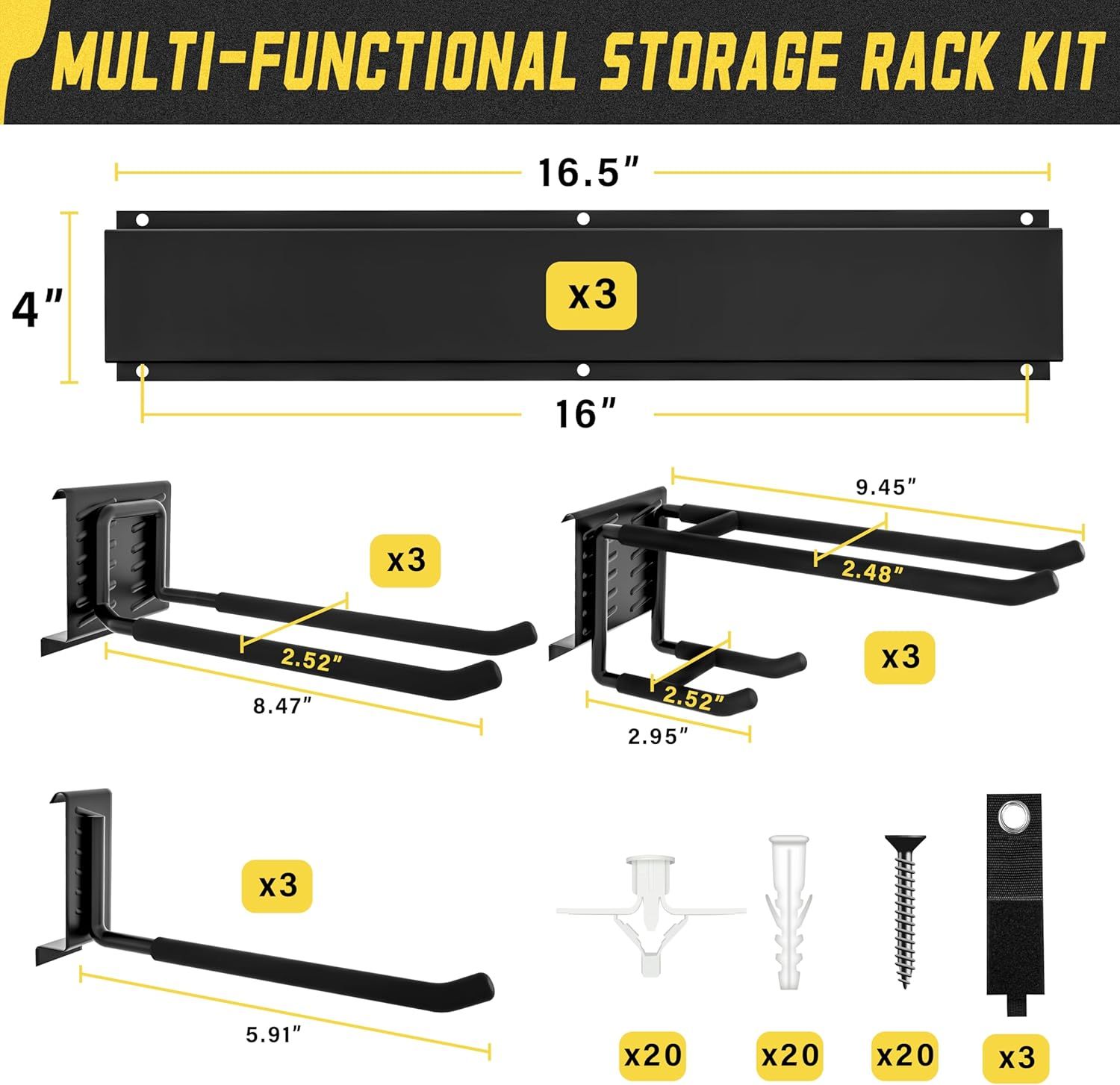 Shows all components included in the storage rack kit with precise dimensions, helping shoppers understand exactly what they will receive and how the pieces…