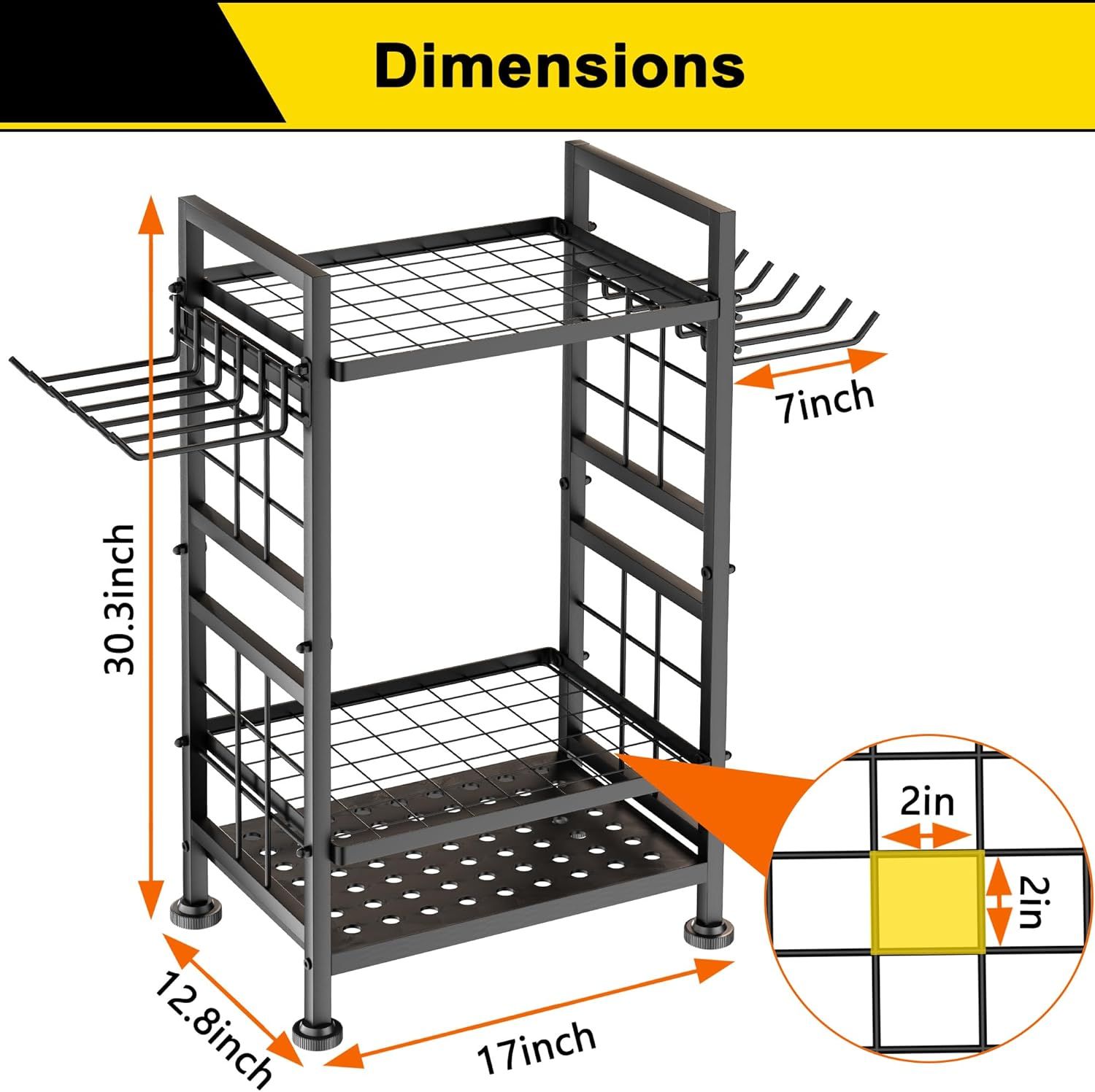 Communicates the exact physical dimensions of the storage rack (30.3 inches height, 17 inches depth, 12.8 inches width, 7 inches side hooks) to help shoppers…