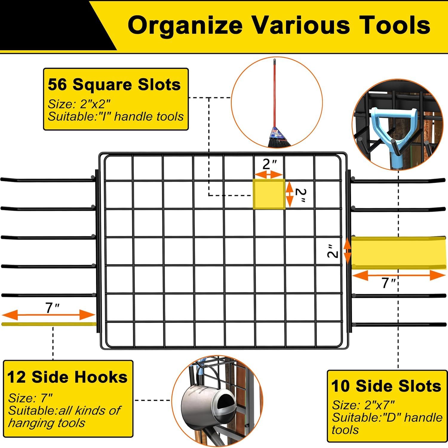 This image breaks down the tool organizer's physical components and storage features, showing shoppers exactly how the product is structured and what types of…