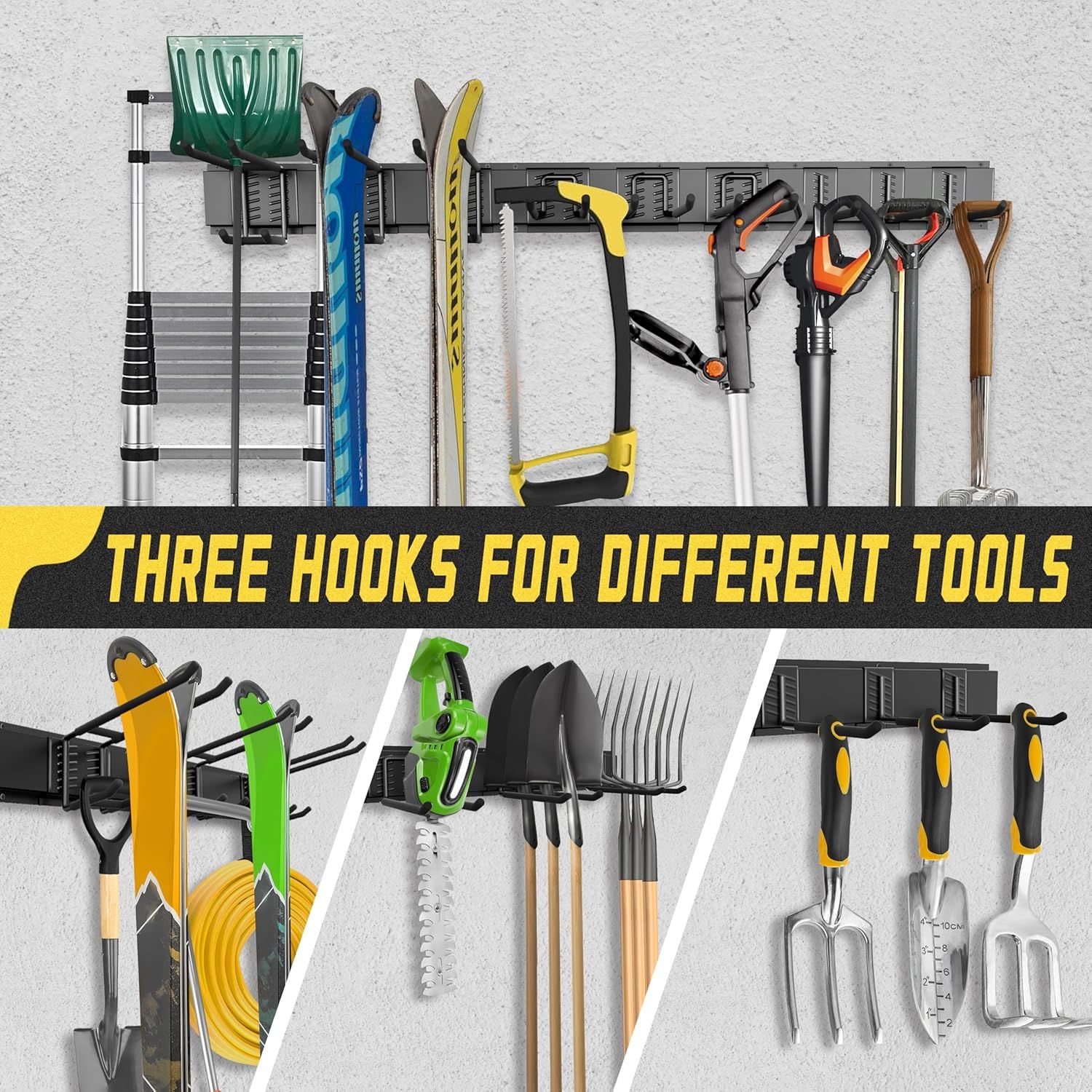 Demonstrates the product's physical design feature of having three different hook types to accommodate various tool shapes and sizes, reassuring shoppers of…