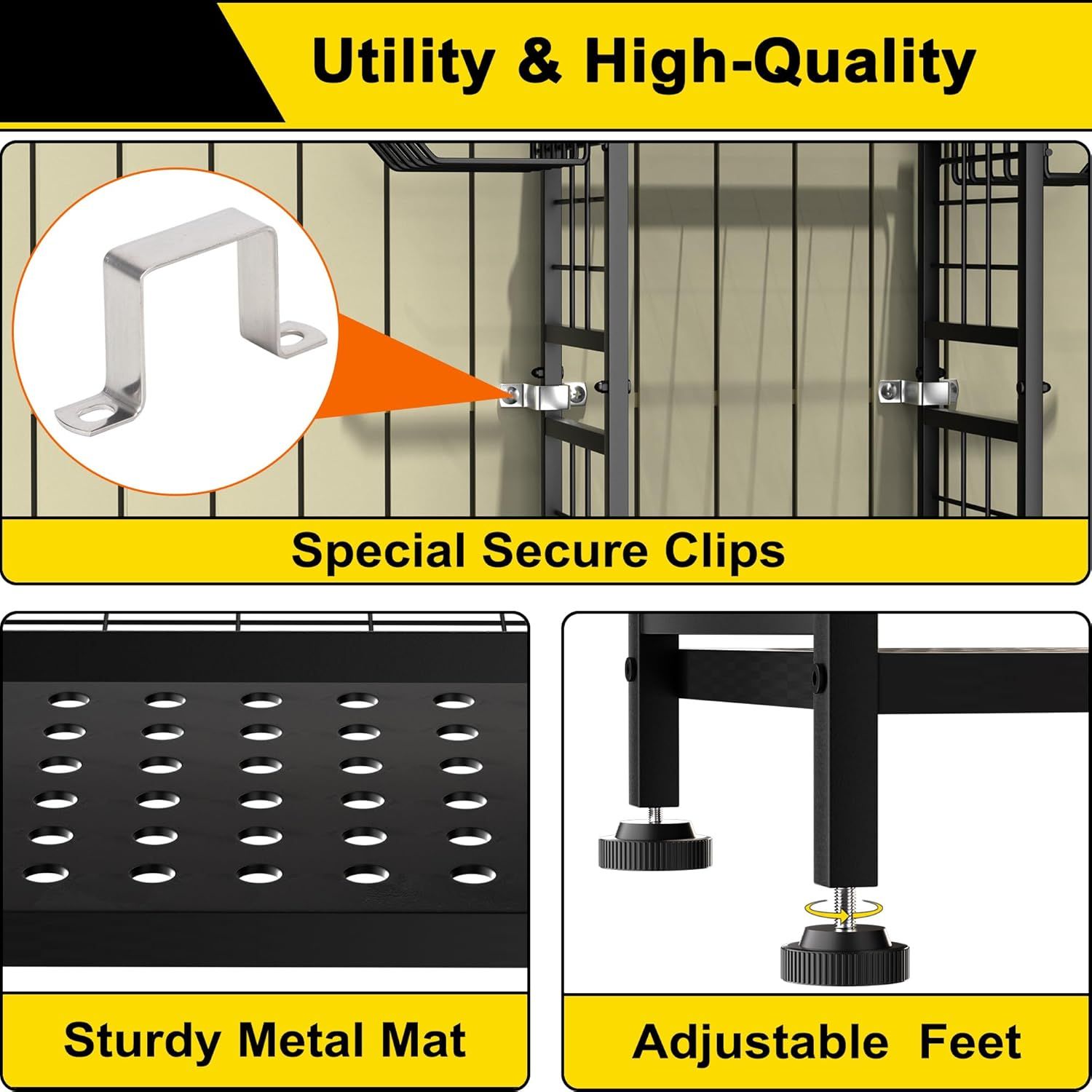 Communicates the product's utility and high-quality construction by highlighting three distinct features: secure attachment clips, durable metal mat base, and…