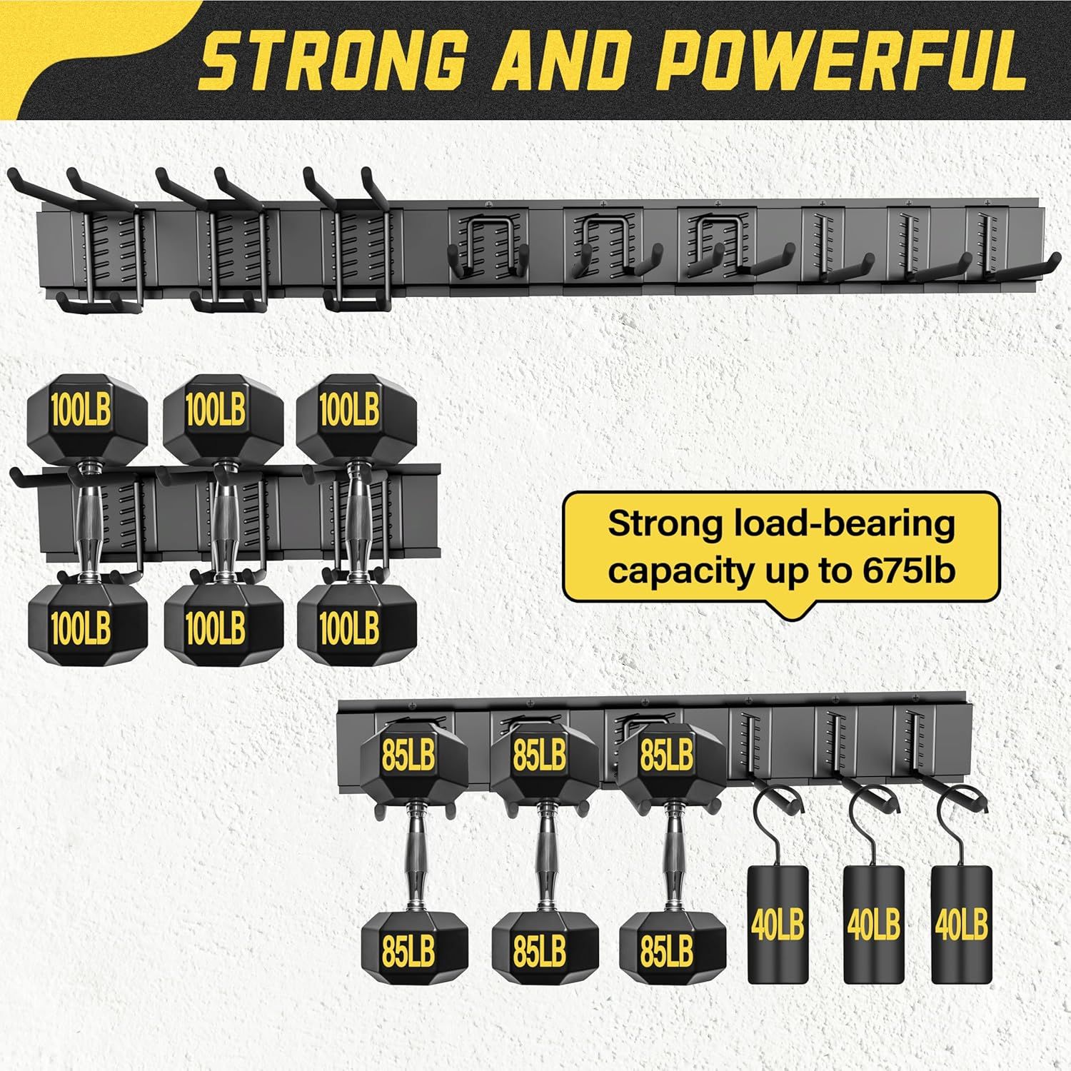 Communicates the product's impressive weight capacity of 675lb to reassure shoppers that this storage rack is strong enough to hold heavy equipment like…