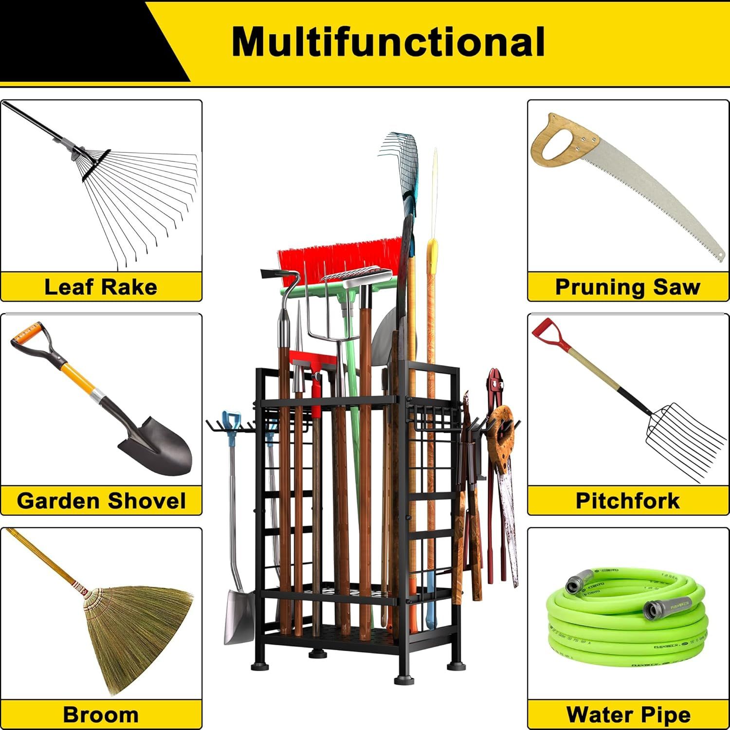 Demonstrates the multiple tools and applications this storage rack can accommodate, showing shoppers the versatility and organizational capability for various…