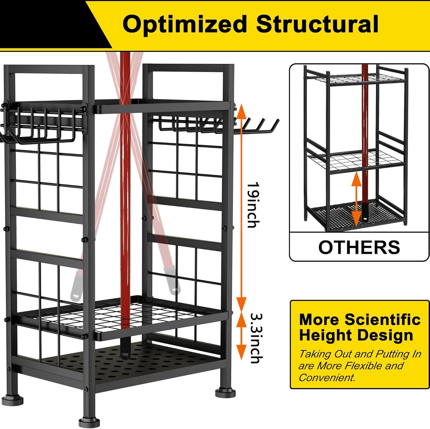 Demonstrates the product's superior structural design and more flexible shelf height compared to competing products, emphasizing convenience and better…
