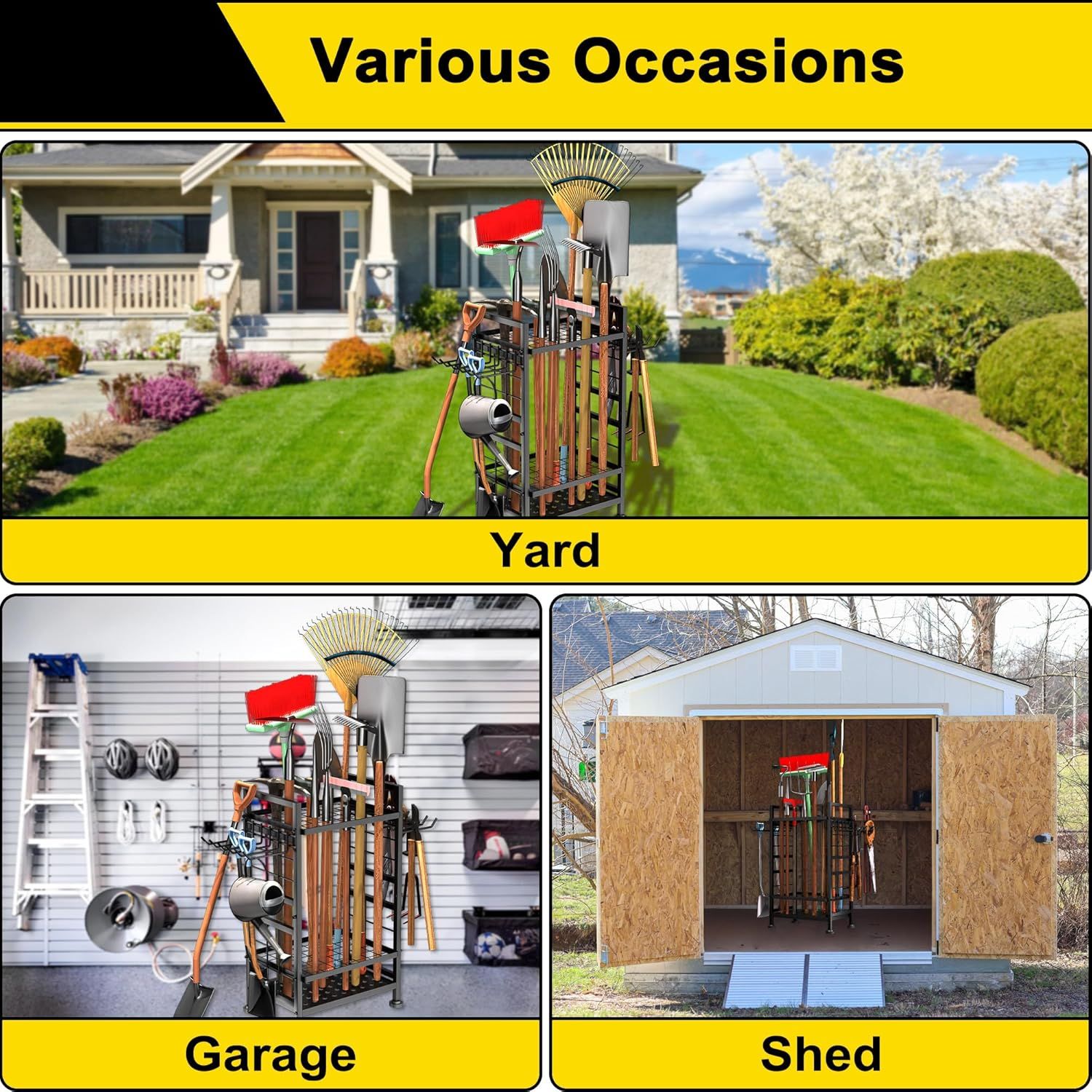 Demonstrates the product's versatility by showing it can organize tools in multiple different environments—yard, garage, and shed—reassuring shoppers it fits…
