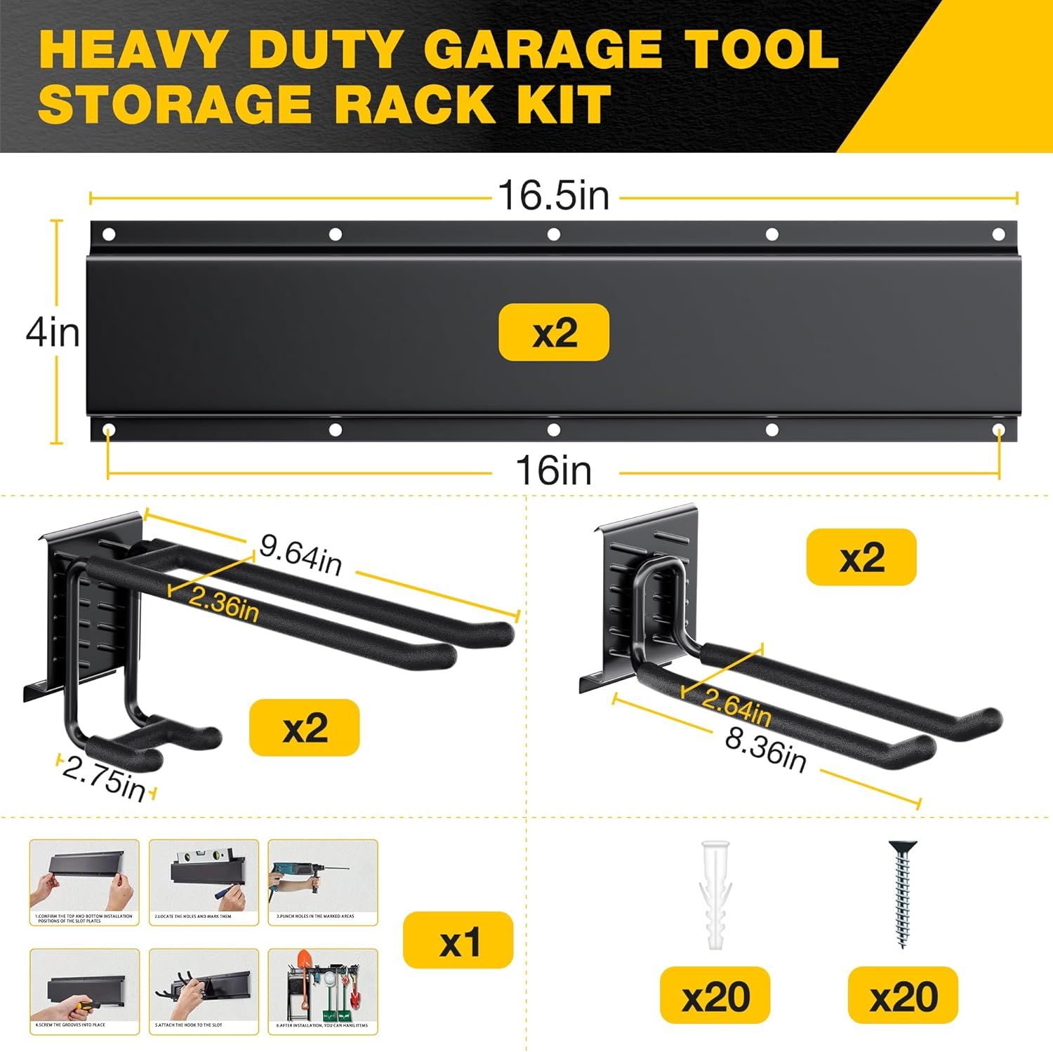 Shows all components included in the garage tool storage rack kit, including the mounting rails, hooks of different sizes, screws, and anchors, helping…