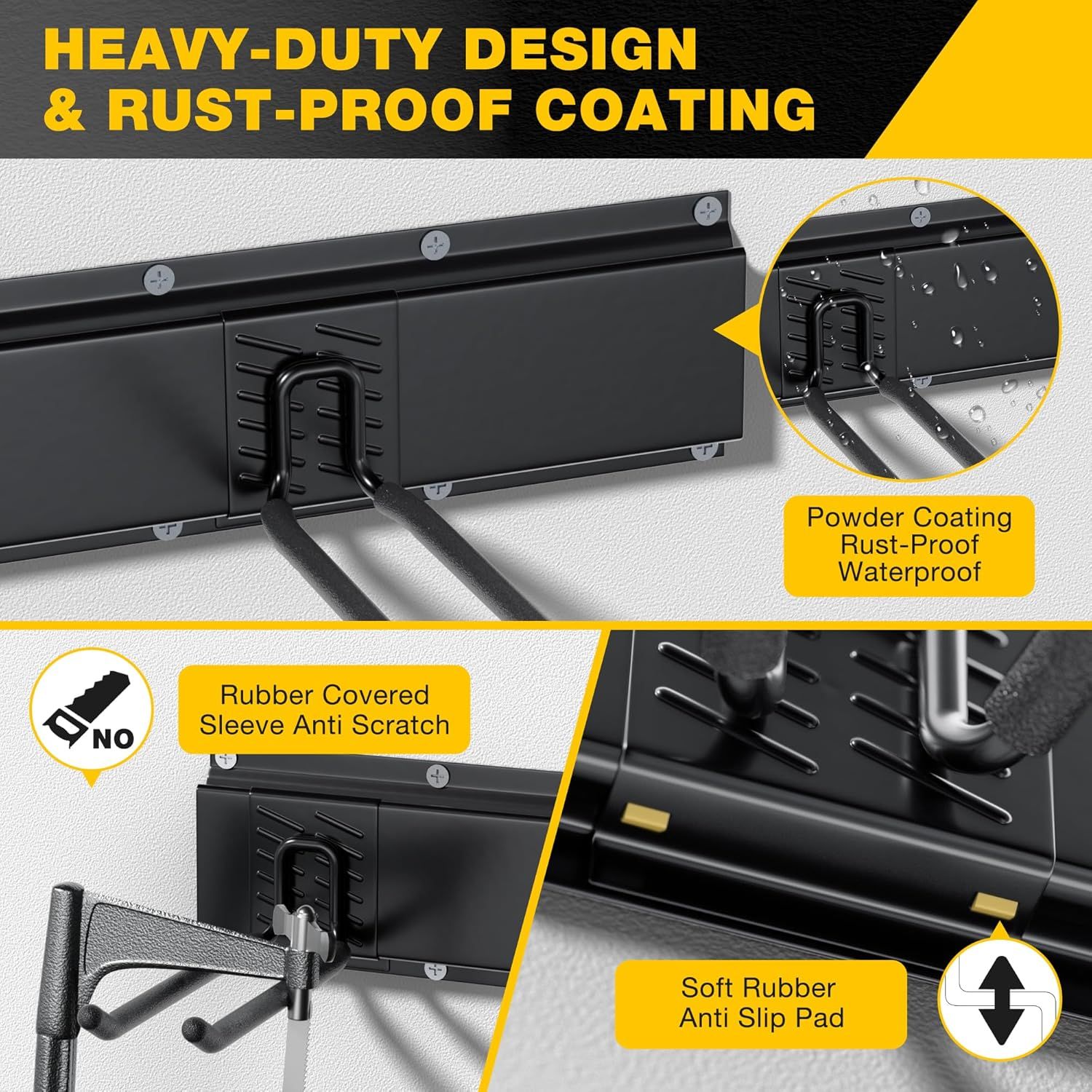 This image breaks down the physical components and protective features of the product, highlighting the heavy-duty construction, rust-proof powder coating,…