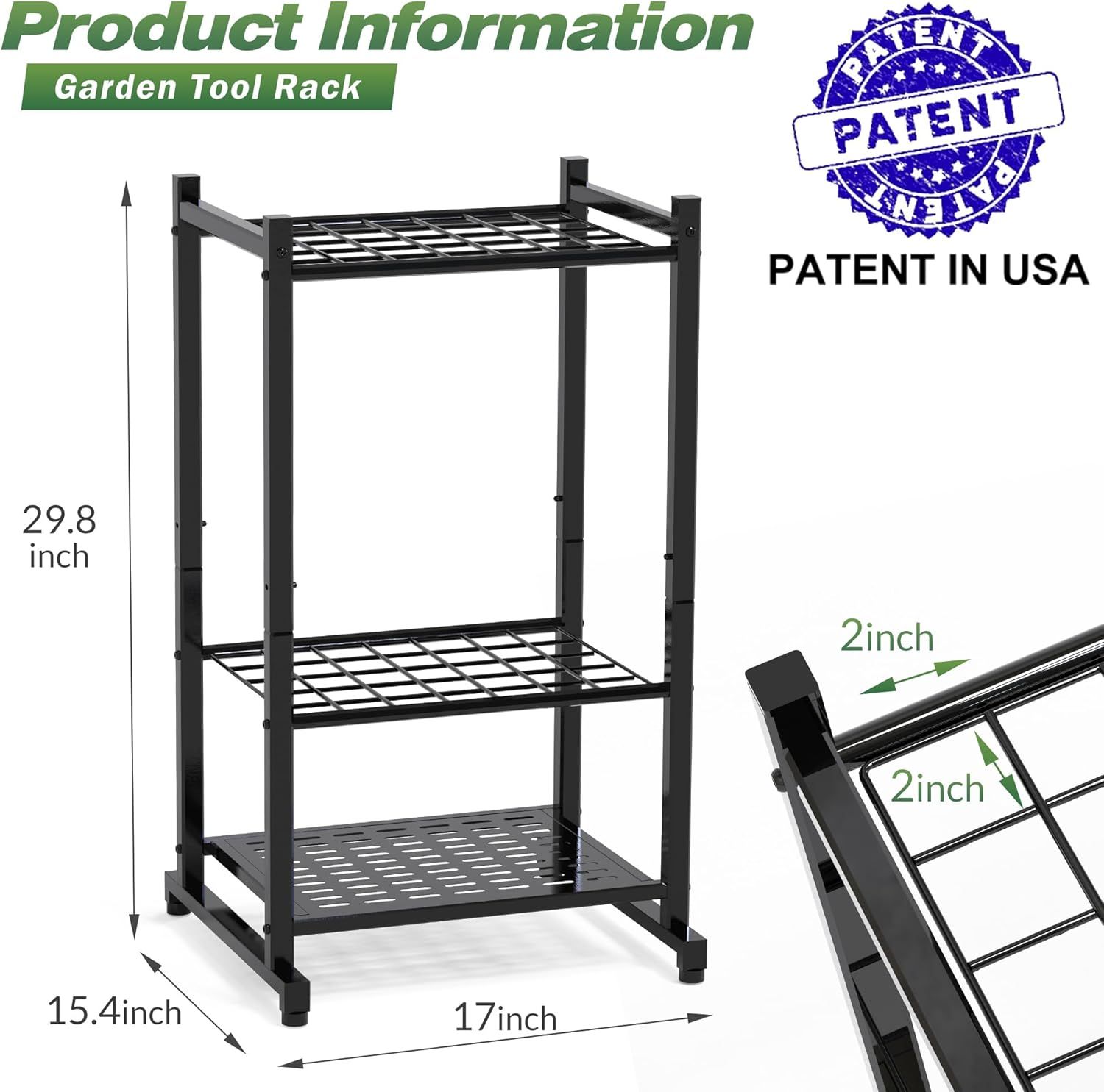 Communicates the exact physical dimensions of the garden tool rack to help shoppers understand if it will fit their space and storage needs. Highlights that…