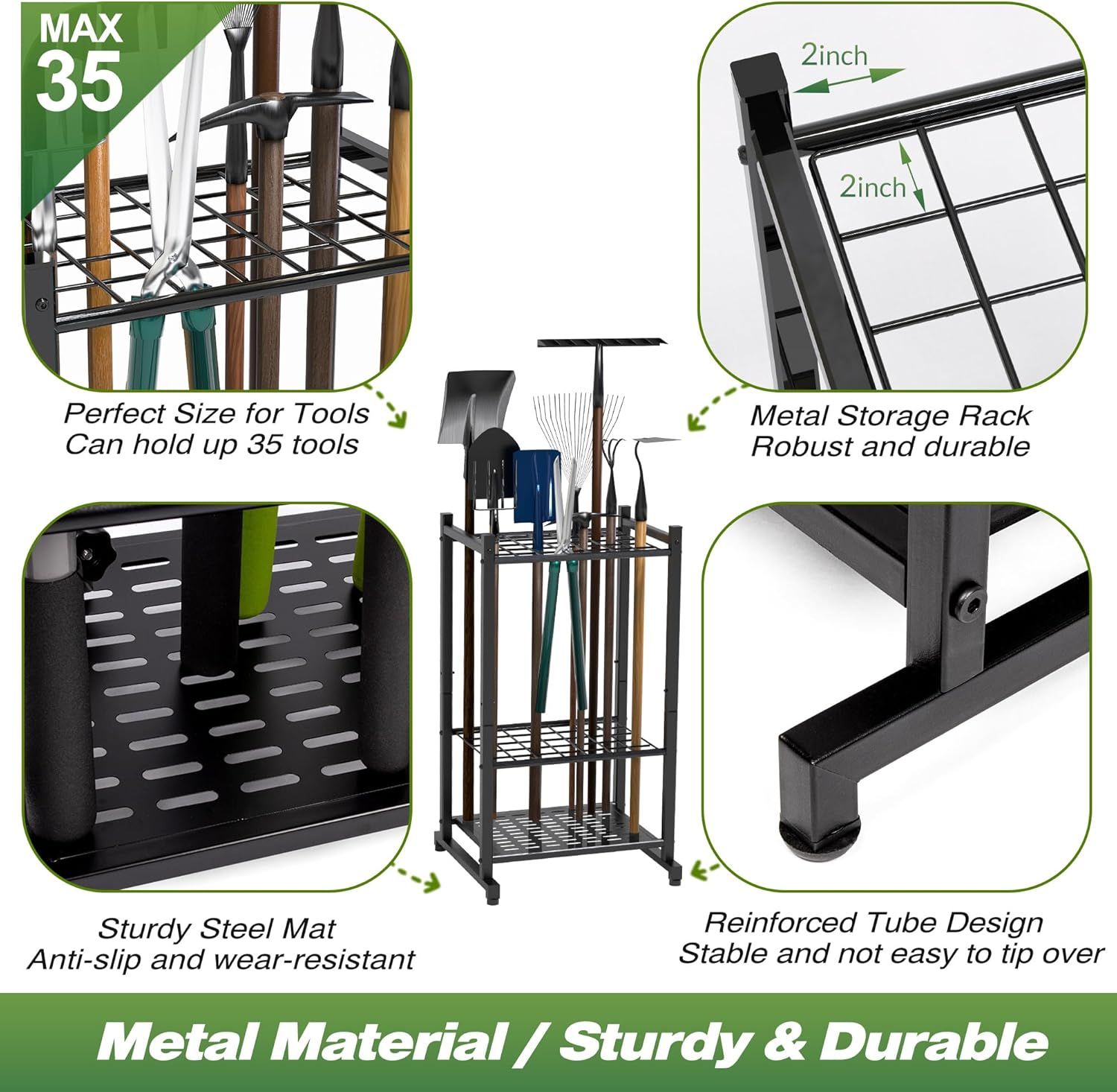 Communicates multiple selling benefits of the tool storage rack through a segmented layout, highlighting capacity, durability, stability, and material quality…