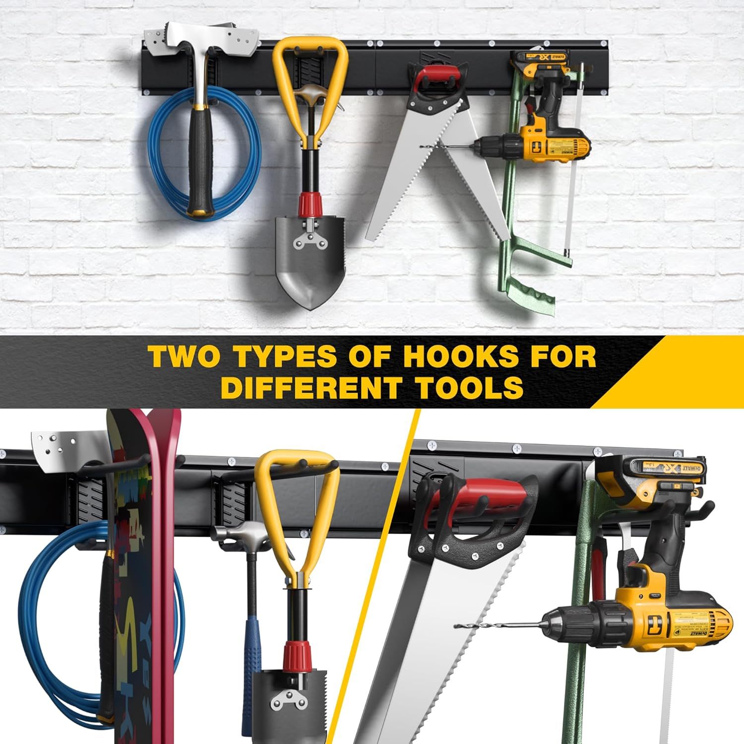Demonstrates the product's versatility by showing two different hook types that accommodate various tool shapes and sizes, reassuring shoppers that the…