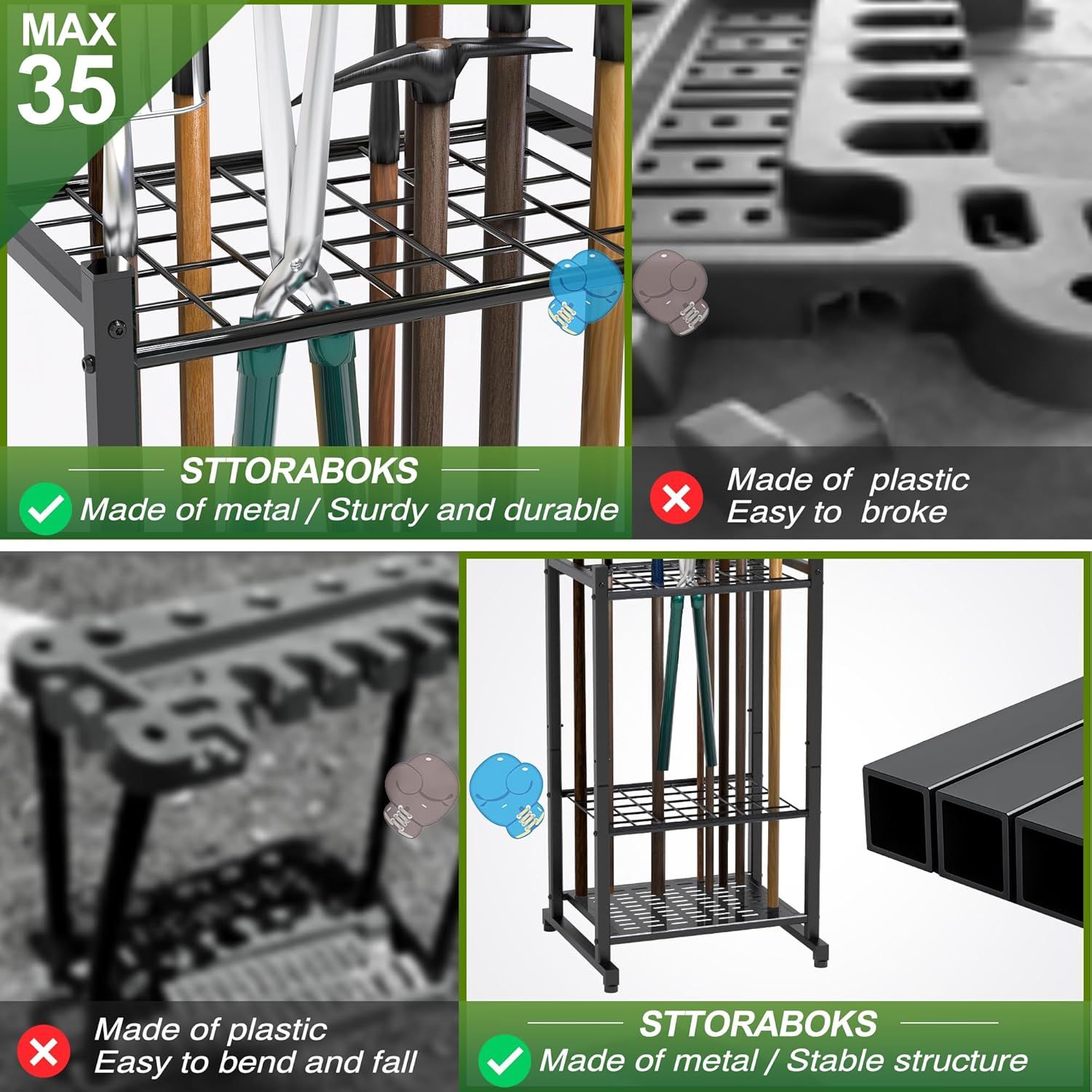 Demonstrates the superiority of the metal umbrella stand over plastic competitors by showing how the metal version is sturdy and durable while plastic…
