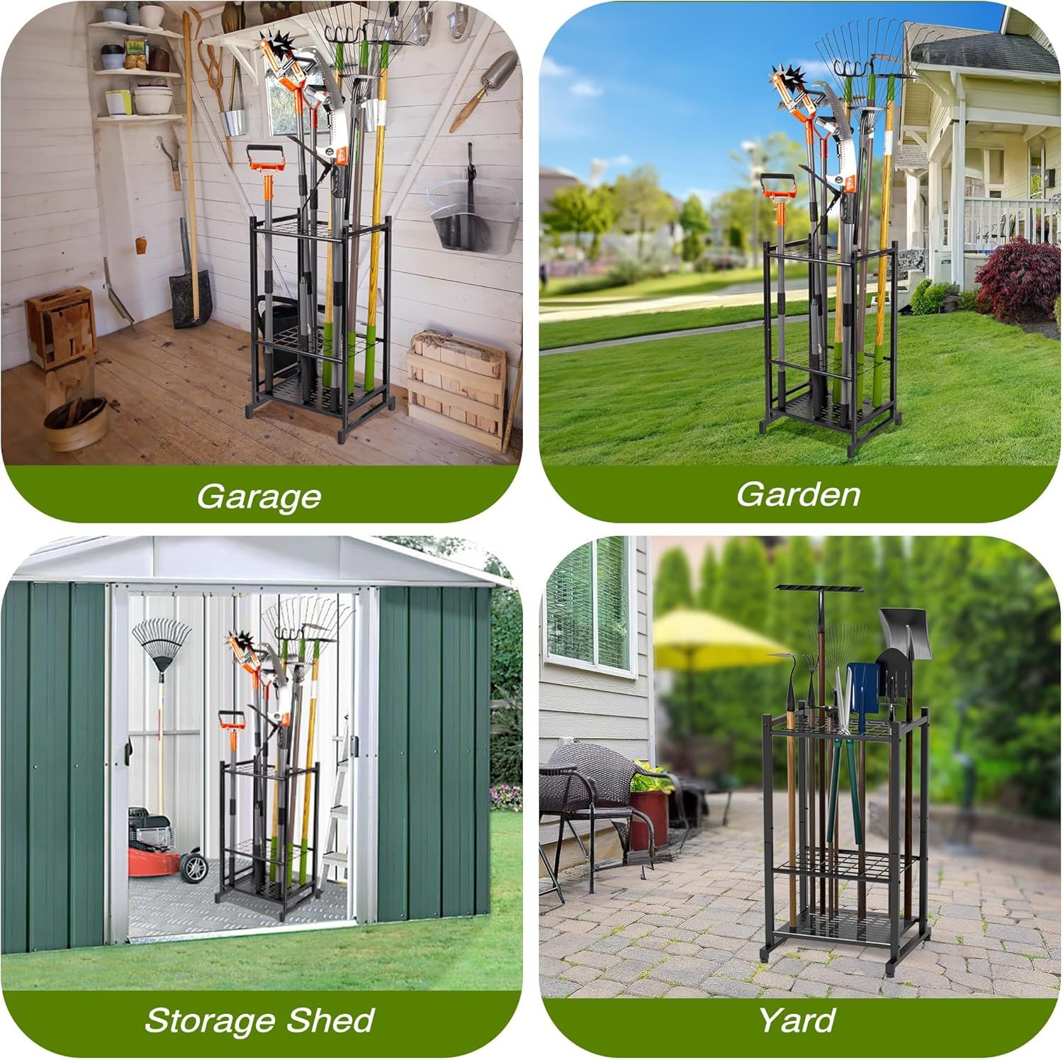 Demonstrates the product's versatility by showing it can be used in multiple environments (garage, garden, storage shed, and yard) to organize various tools…