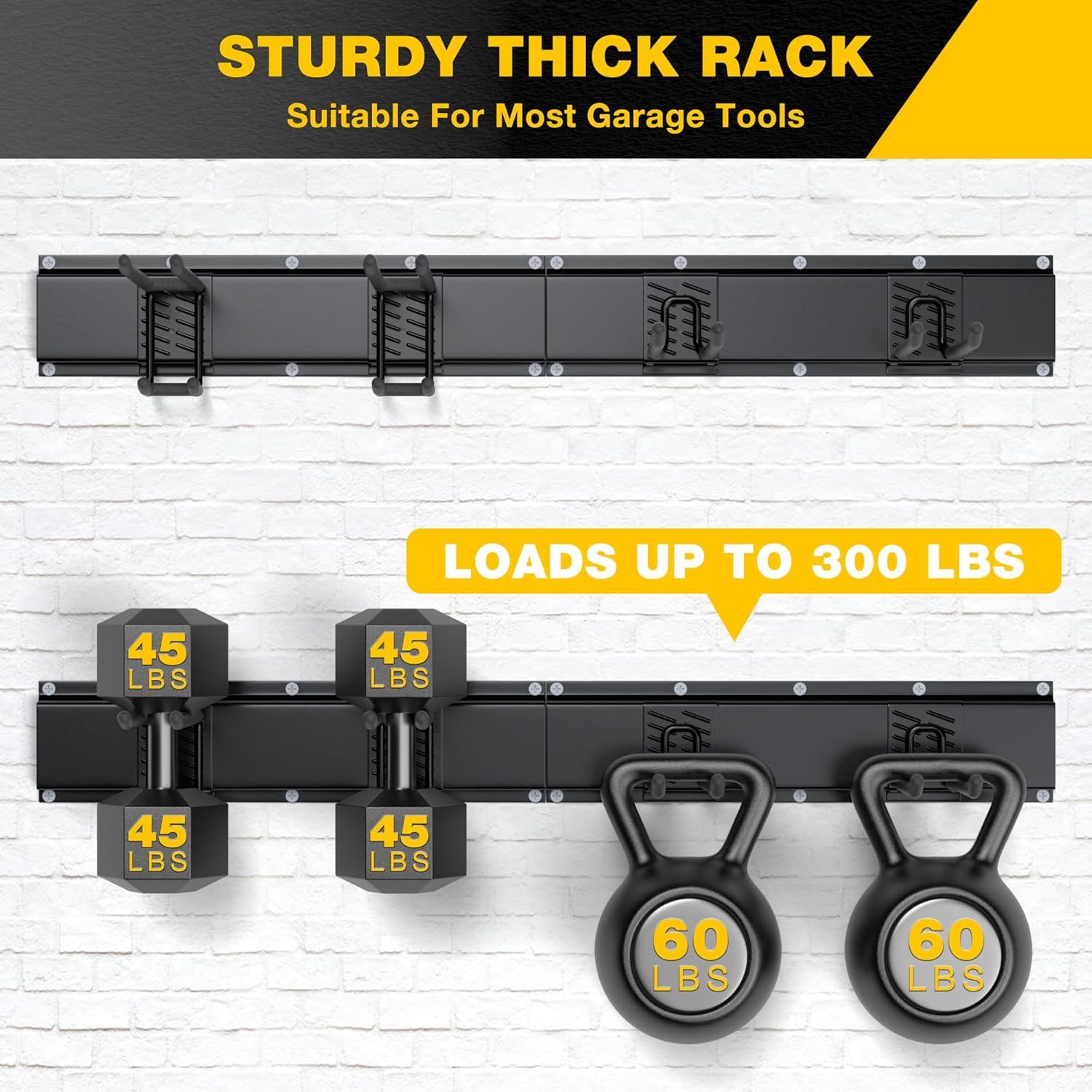 Communicates the rack's impressive weight capacity to reassure shoppers it can handle heavy garage tools and equipment safely. Demonstrates the product's…
