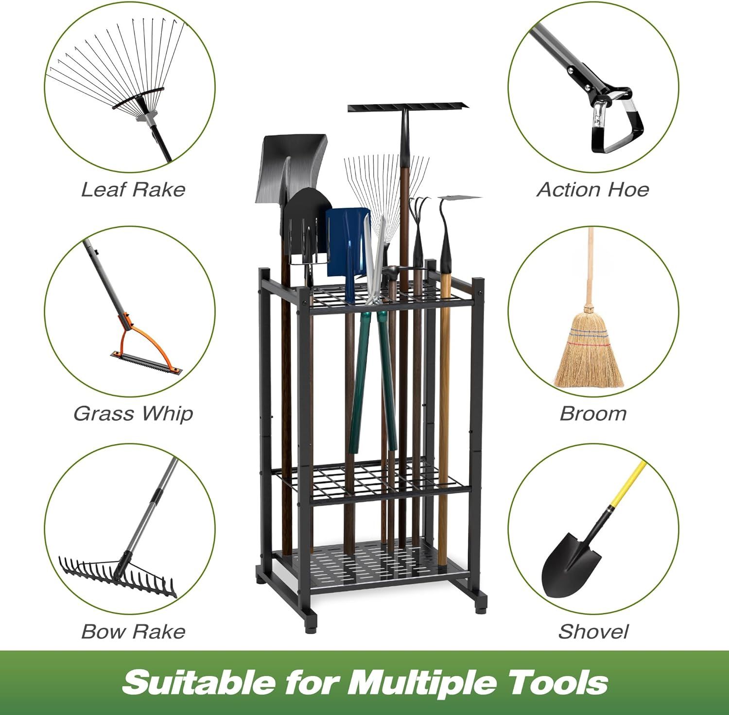 Demonstrates the product's ability to organize and store multiple types of gardening tools, showing shoppers the variety of tools it can accommodate. Shows…