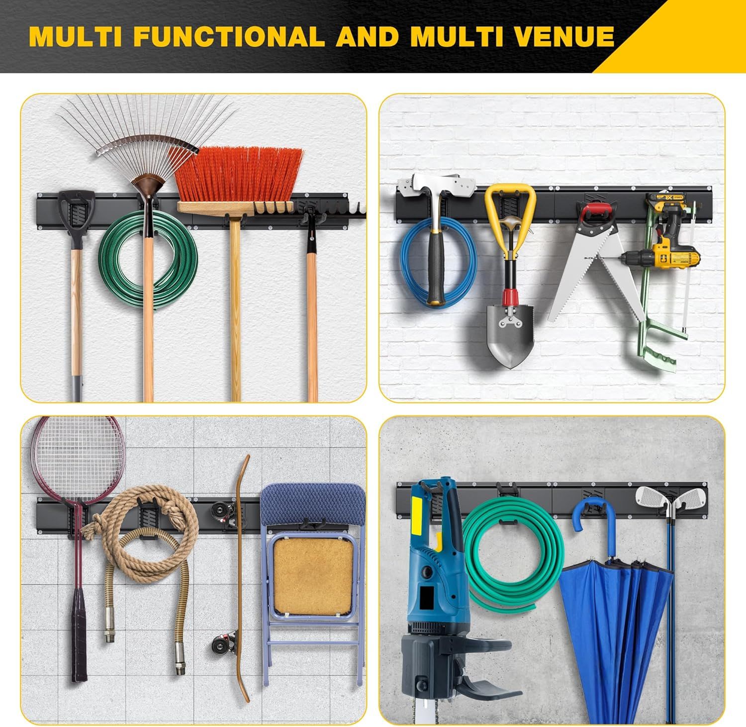 Demonstrates the product's versatility by showing it organizing different types of items across multiple use cases—gardening tools, workshop equipment, sports…
