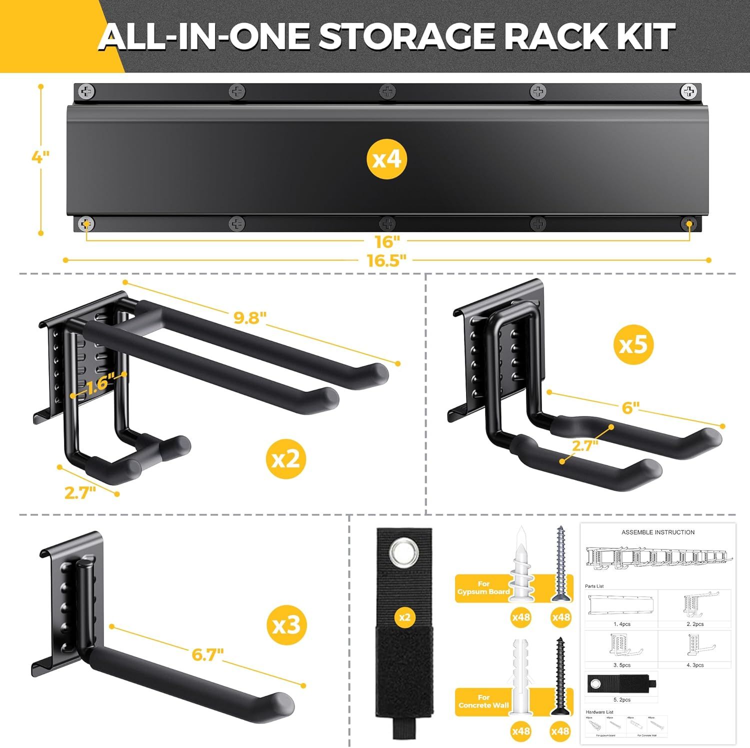 Shows all components included in the storage rack kit with exact dimensions and quantities, helping shoppers understand what they will receive and how the…