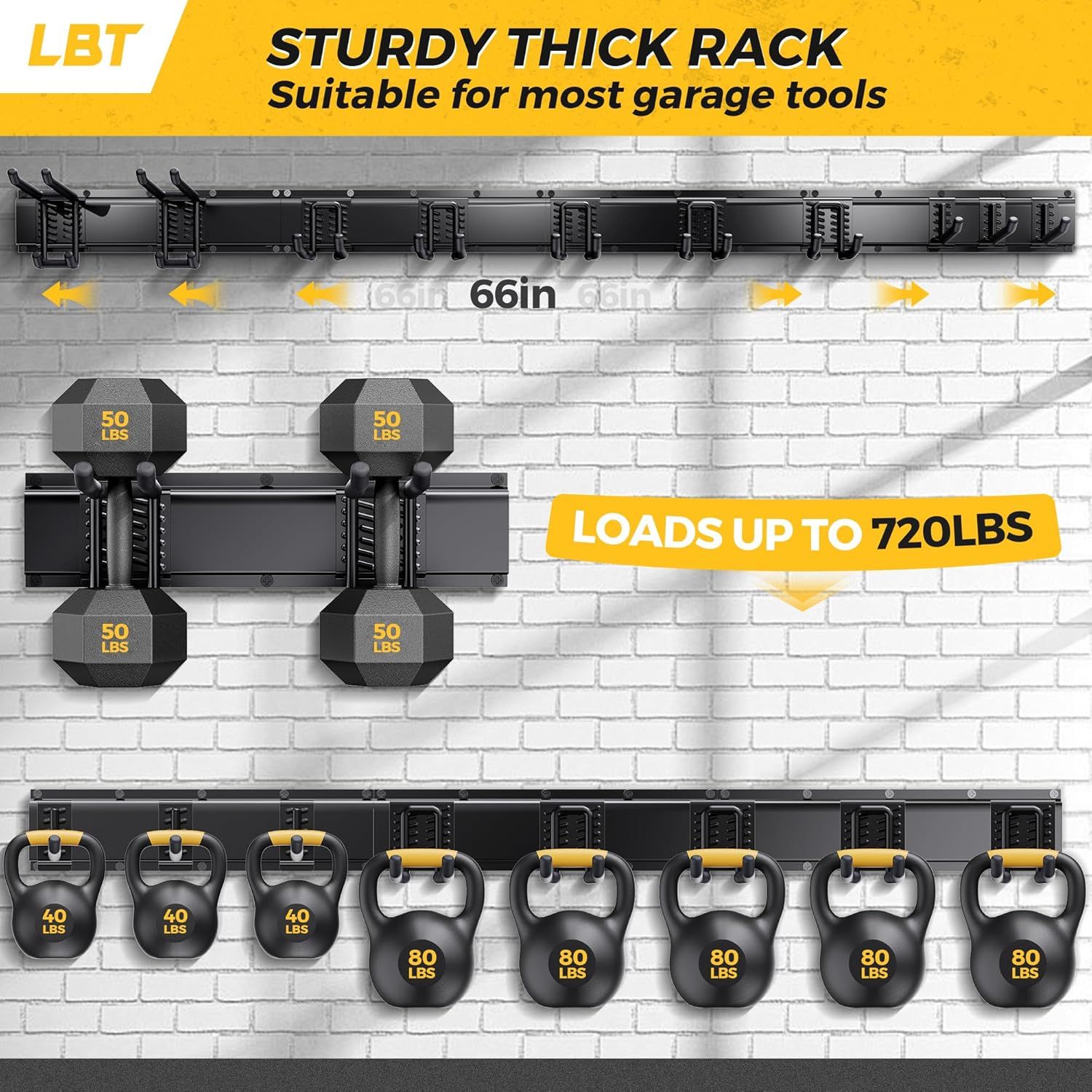Communicates multiple key selling benefits of the garage tool rack system including its sturdy build quality, generous 66-inch length, impressive 720 lbs…
