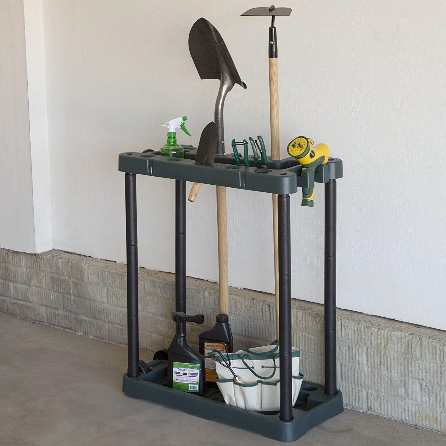 Displays the product in a clean, catalog-style format showing the tool organizer stand with various gardening tools and accessories to demonstrate its storage…