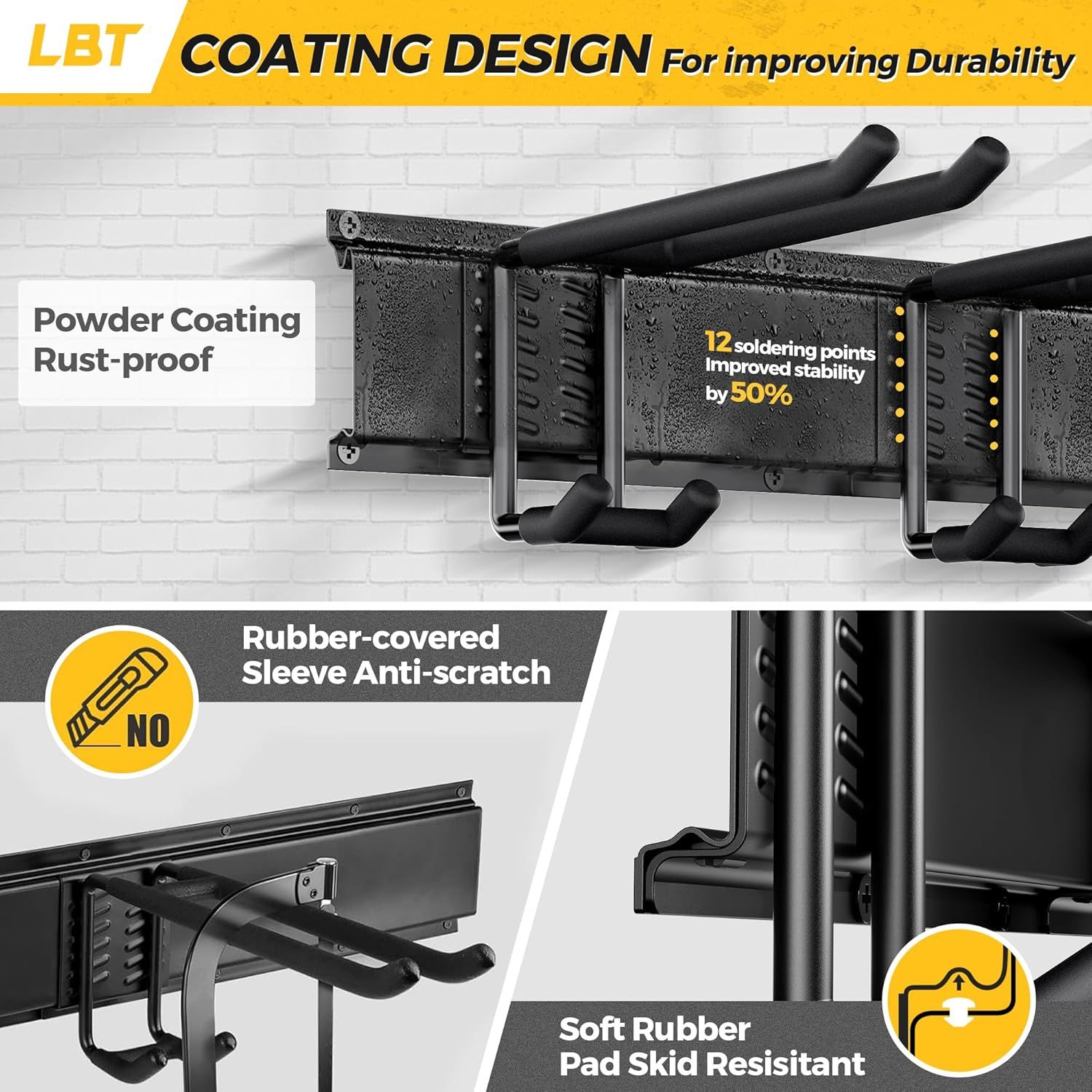 Communicates multiple durability and protective features of the product through a segmented layout, showing rust-proof coating, enhanced stability,…