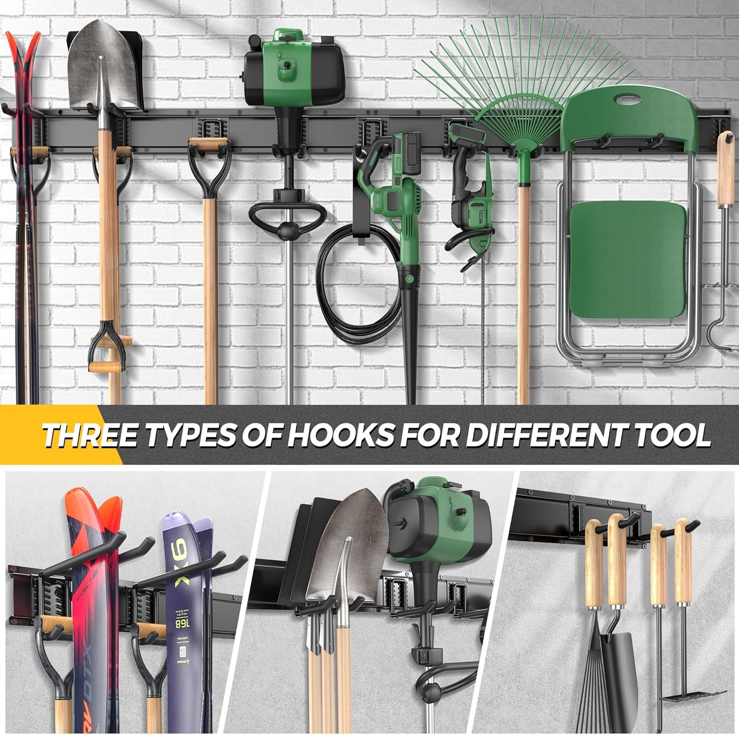 Demonstrates the product's versatility by showcasing three different hook types that accommodate various garden and garage tools, reassuring shoppers that the…