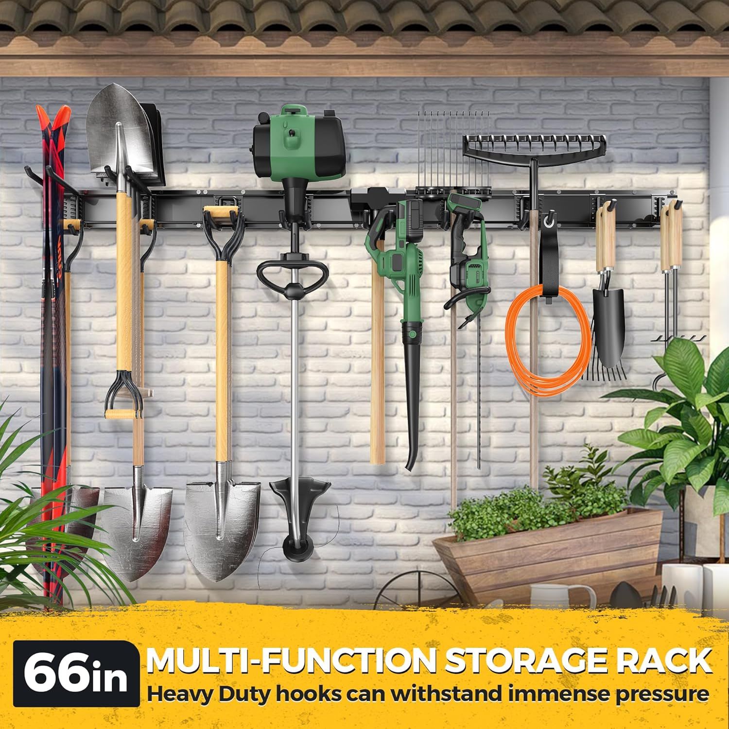 Demonstrates the storage rack's versatility and durability by showing multiple garden tools organized on heavy-duty hooks, reassuring shoppers of its capacity…