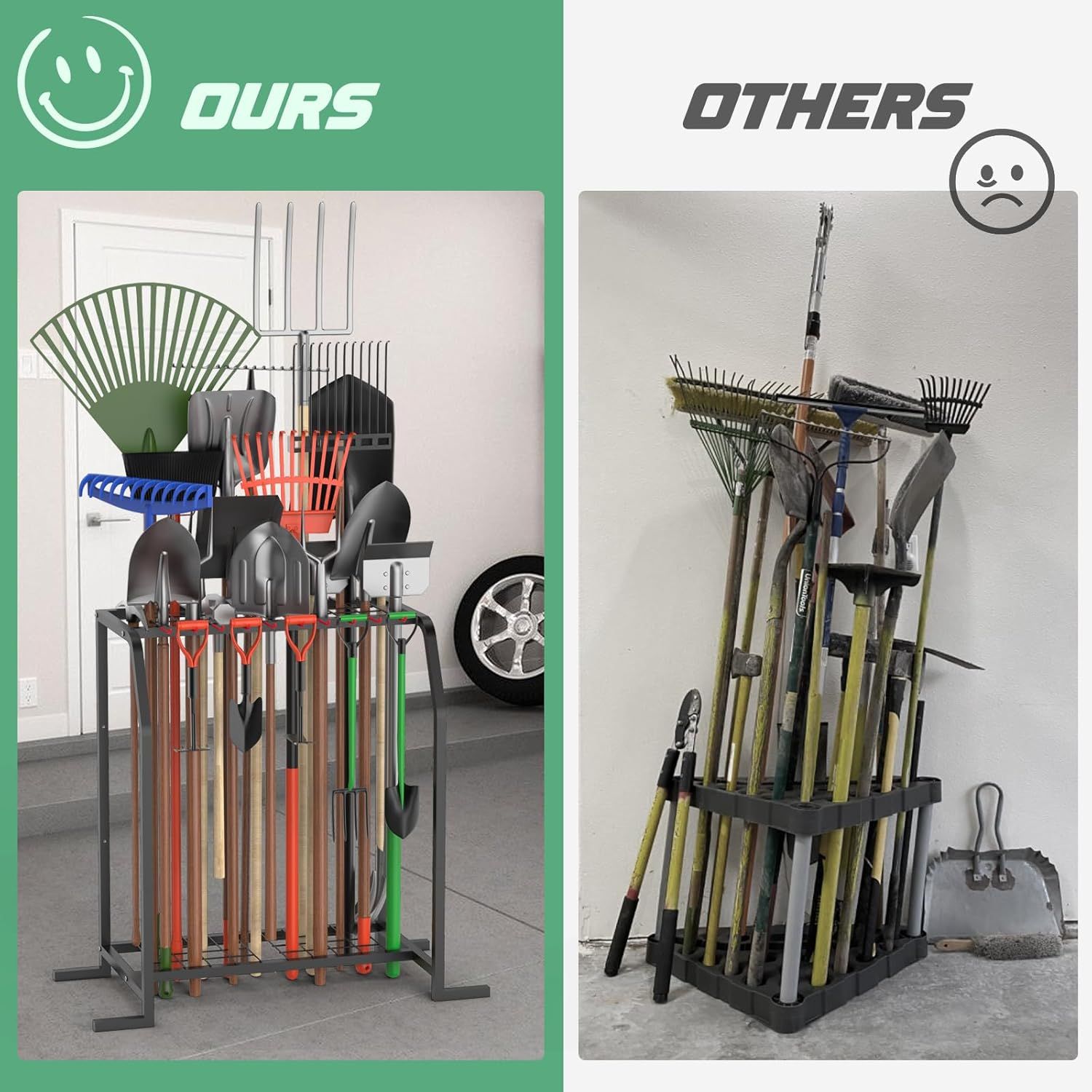 Demonstrates the product's superior organization and storage capacity compared to competitors by showing a clean, well-organized tool rack versus a messy,…