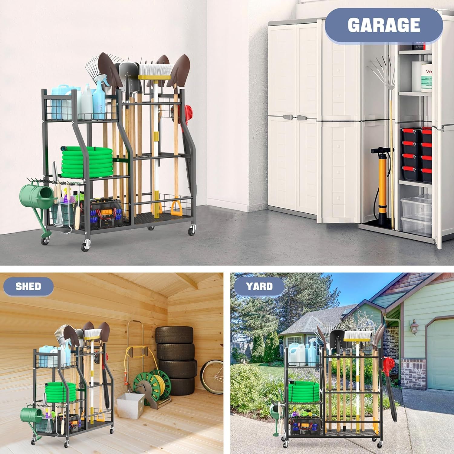 Demonstrates the versatility of the garden tool organizer by showing it can be effectively used in three different storage environments: garage, shed, and…