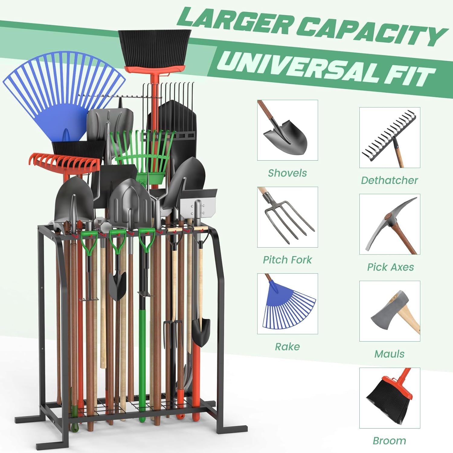 Demonstrates the product's versatility by showing it can hold and organize multiple types of gardening tools including shovels, rakes, pitch forks,…
