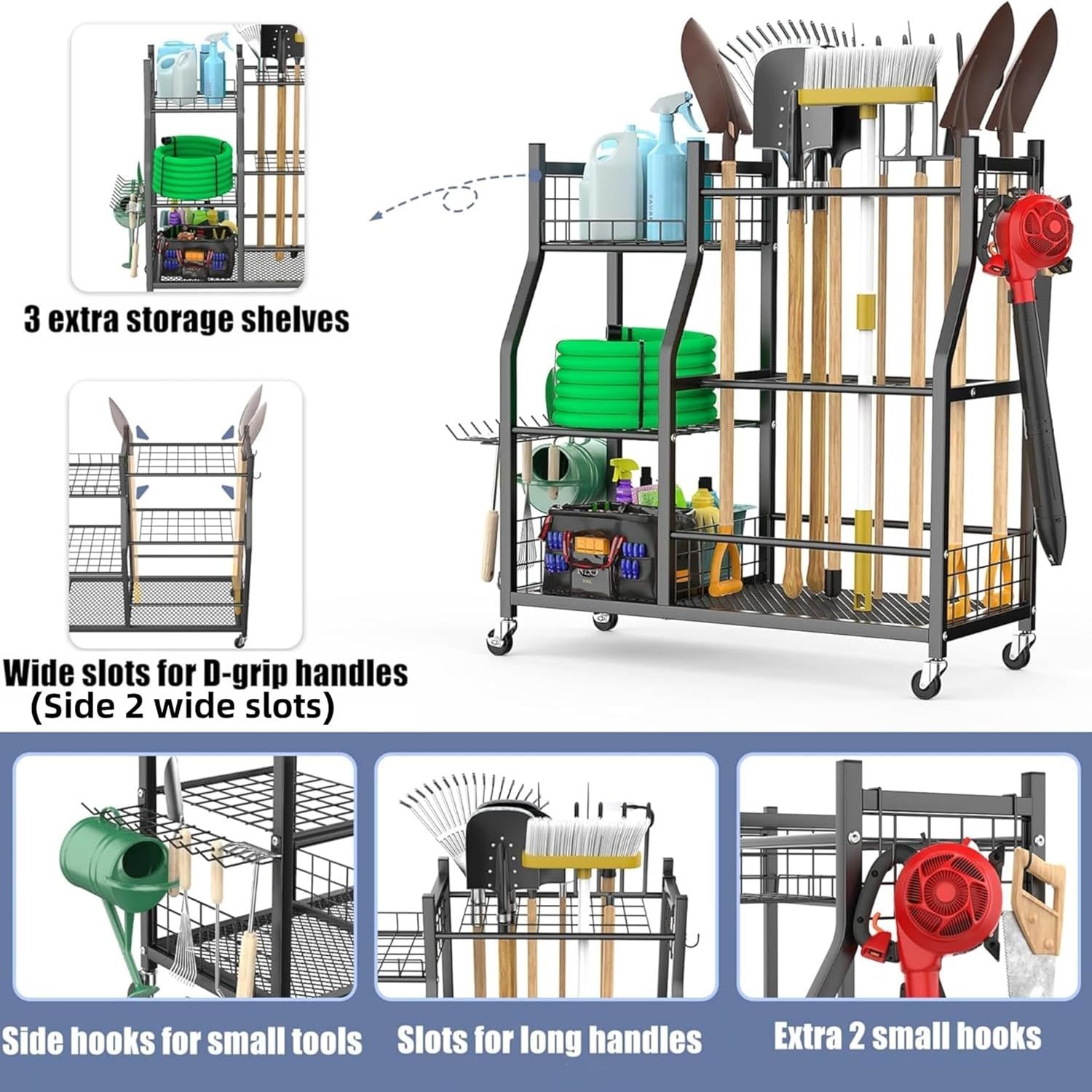 This image breaks down the physical components and storage zones of the garden tool organizer, showing shoppers exactly where different tools and items can be…