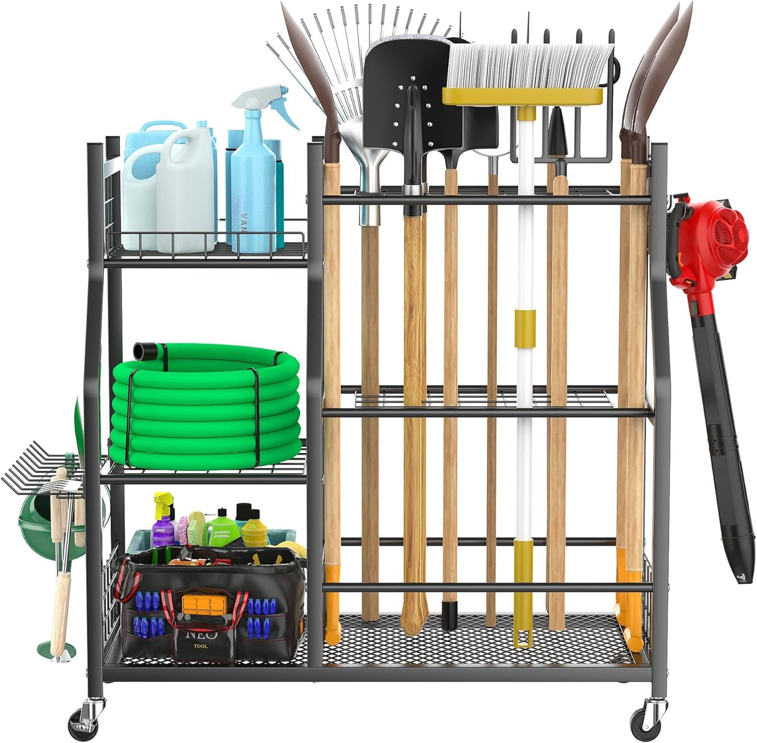Shows the customer everything included in the storage system—the rack, shelves, and the variety of tools and accessories that can be organized, demonstrating…