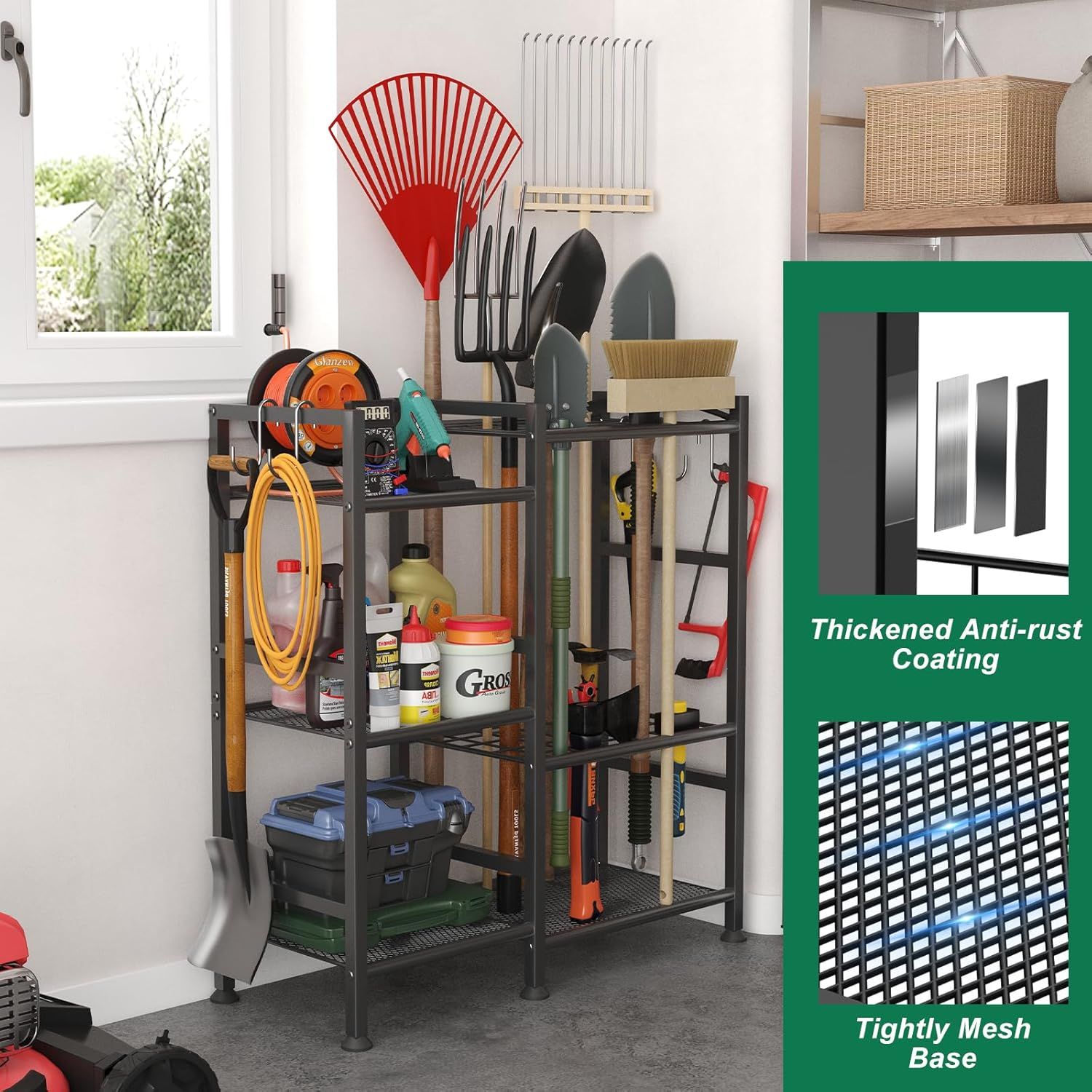 Communicates multiple key product benefits in a segmented layout, highlighting the anti-rust coating and mesh base design to reassure shoppers of durability…