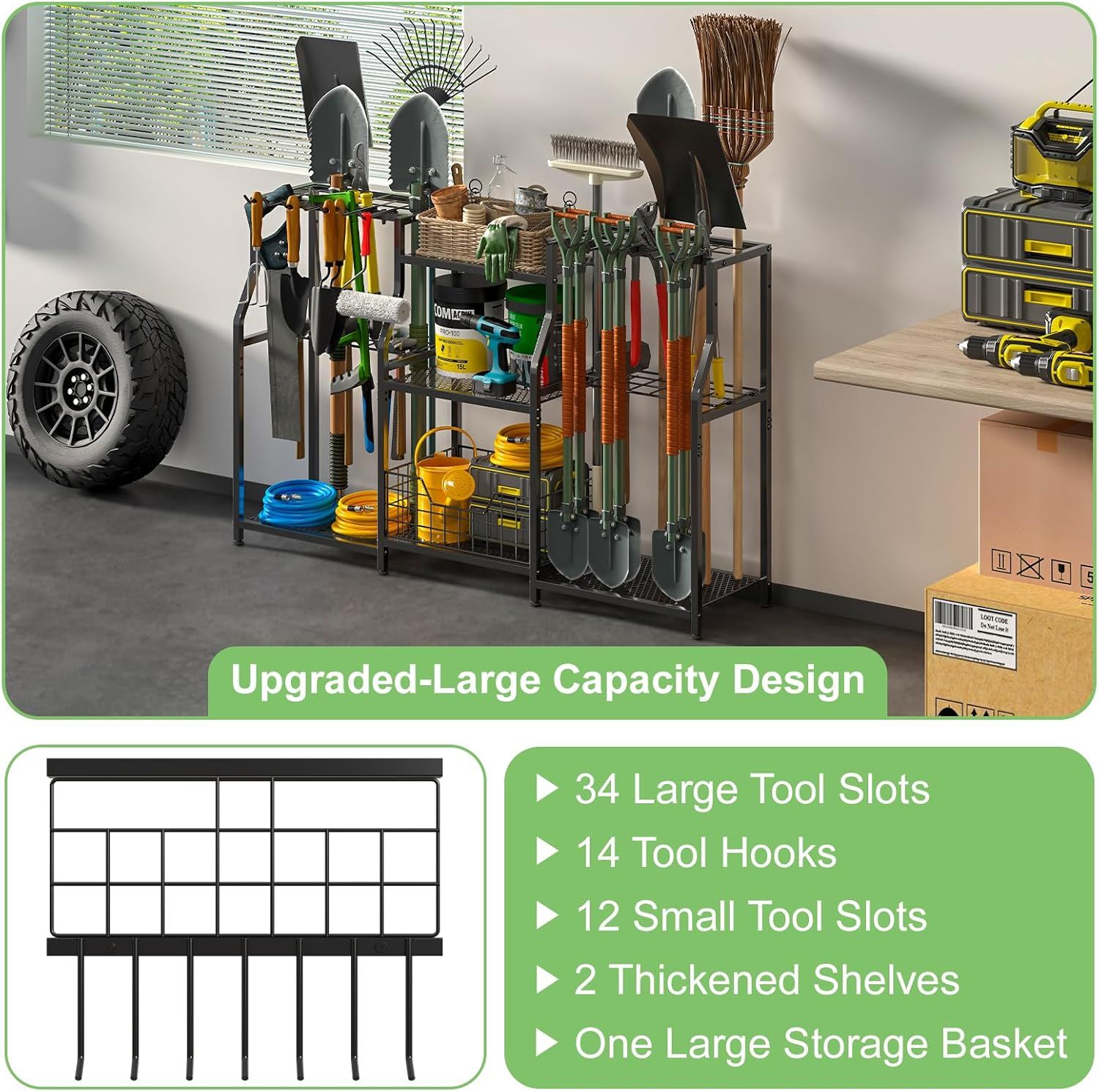Communicates the product's comprehensive storage capacity and organizational features through multiple distinct callouts, showing shoppers how many tools and…