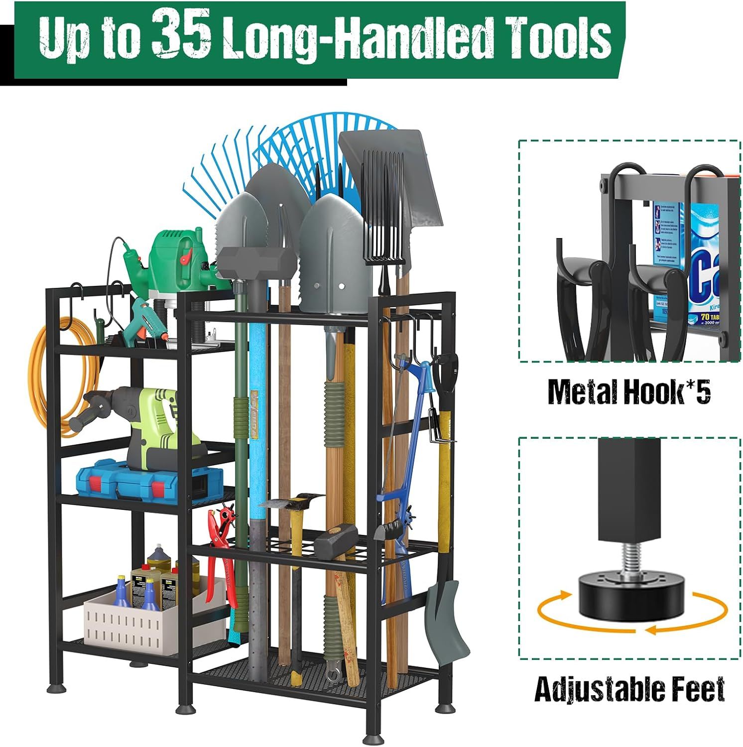 Communicates multiple distinct benefits of the tool storage rack: its large capacity (up to 35 long-handled tools), the included metal hooks for hanging…