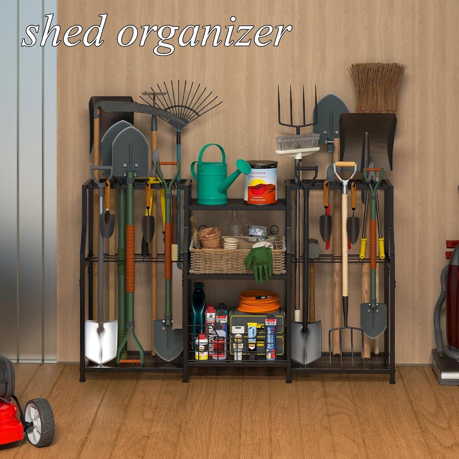 Demonstrates the product in a real-world shed or garage setting, showing how it neatly organizes various gardening and yard tools to help shoppers visualize…