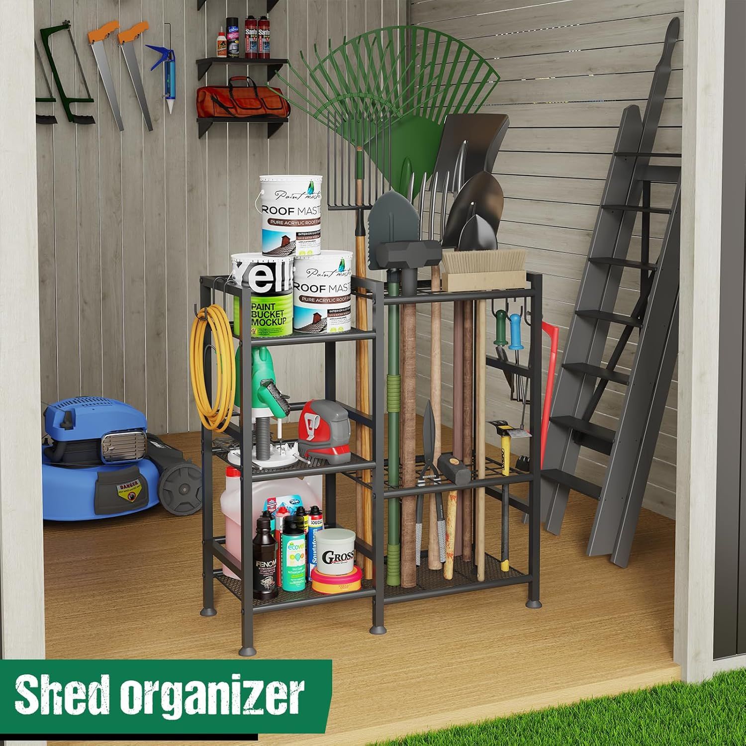Demonstrates how the shed organizer can be used to store and organize various tools, equipment, and supplies in a garage or shed environment, showing its…