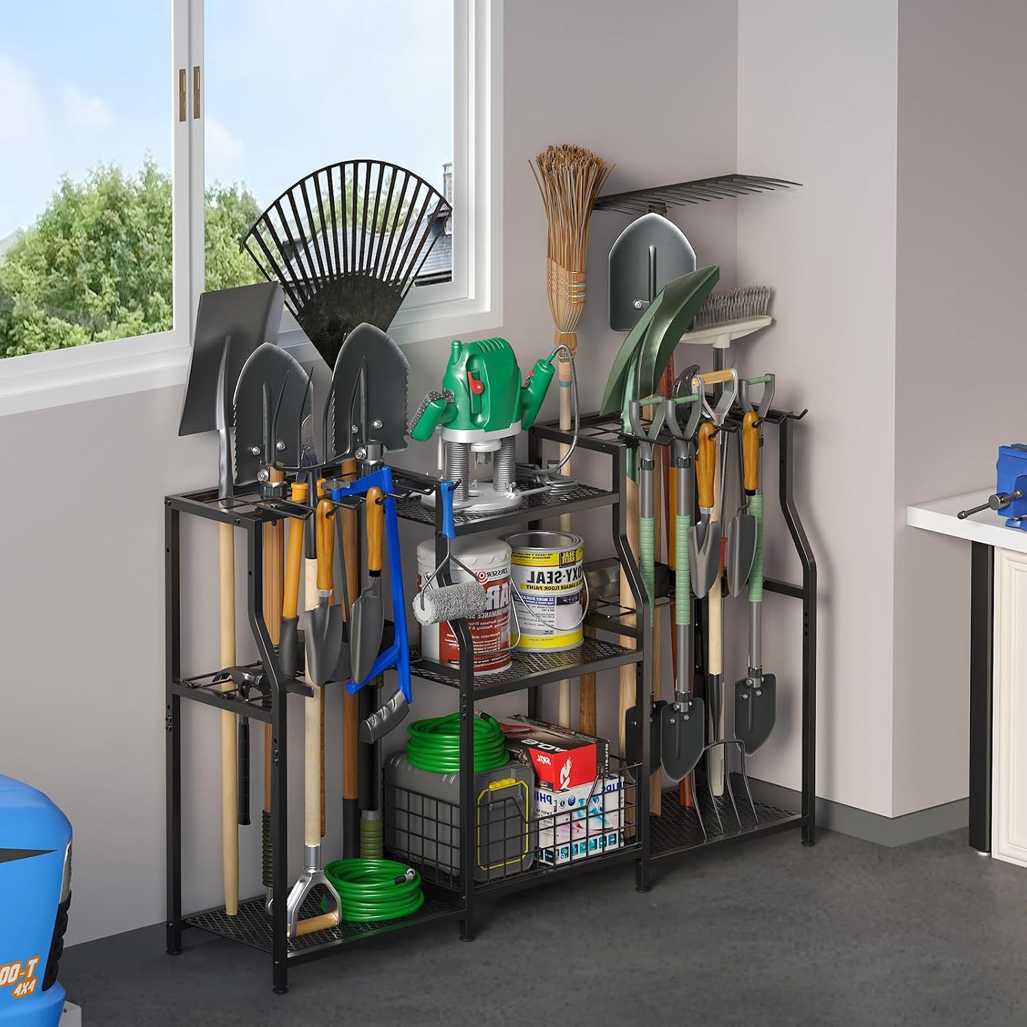 Demonstrates the product in a real-world garage or shed setting, showing how it organizes and stores various gardening and yard tools efficiently.