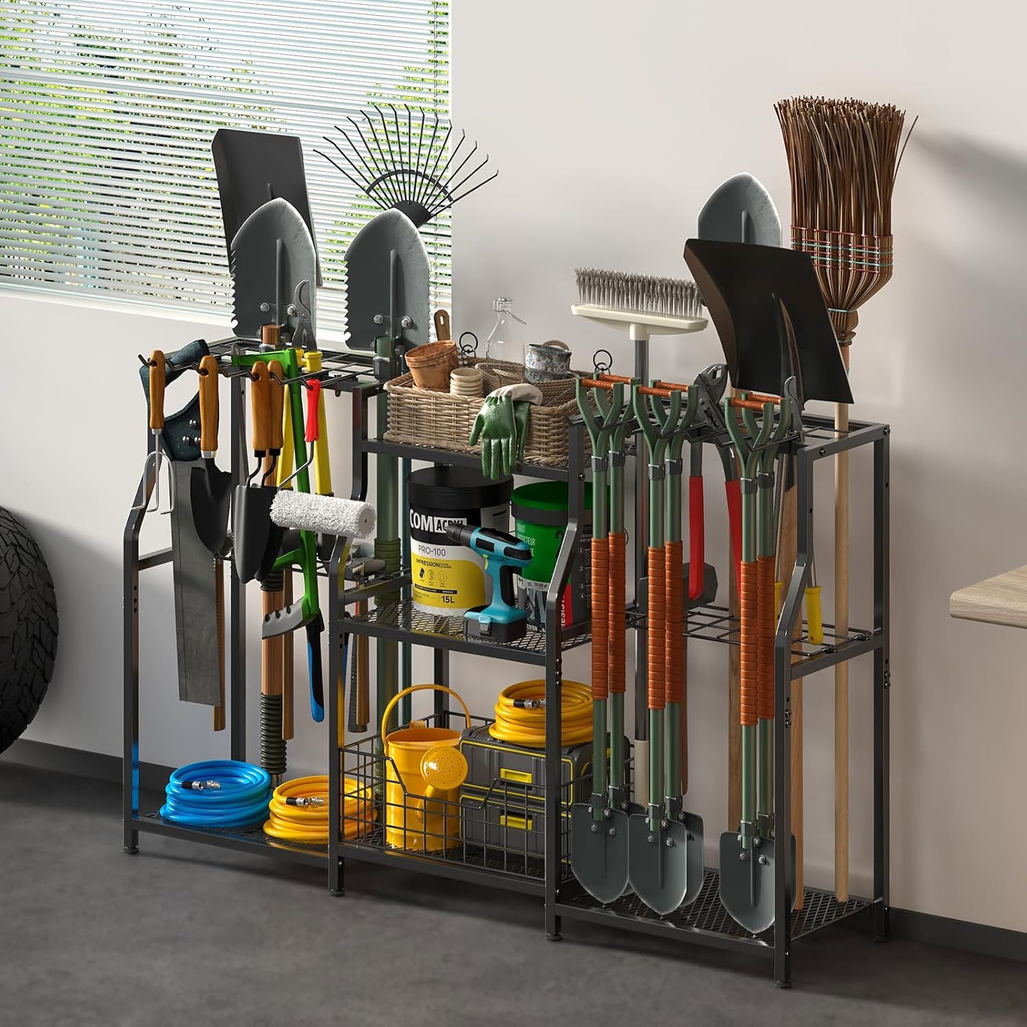 Demonstrates the product in a real-world garage or utility room setting, showing how it organizes and stores various gardening and yard tools in an…