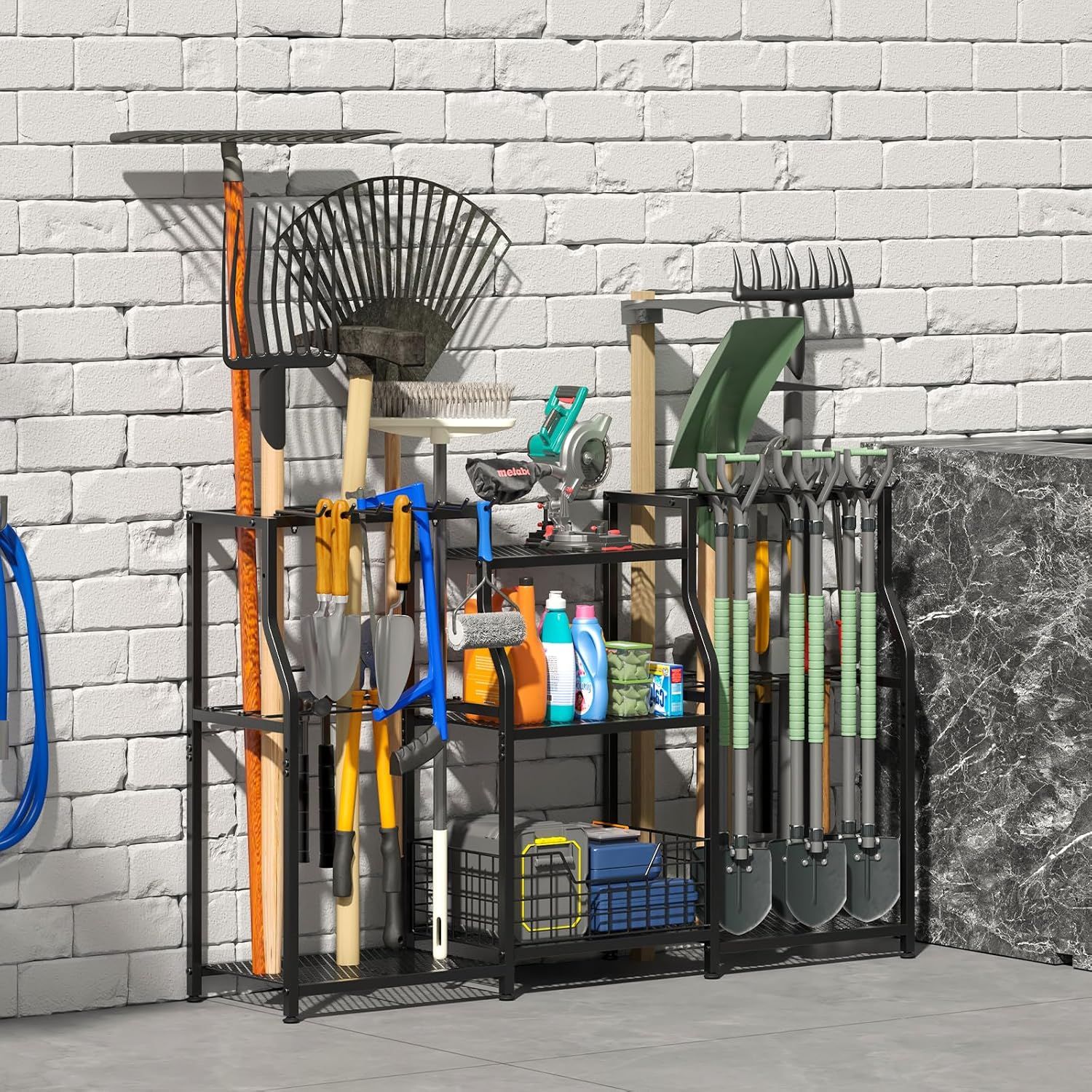 Shows all the garden tools and accessories that can be organized with this storage rack system, demonstrating the comprehensive storage solution and capacity…