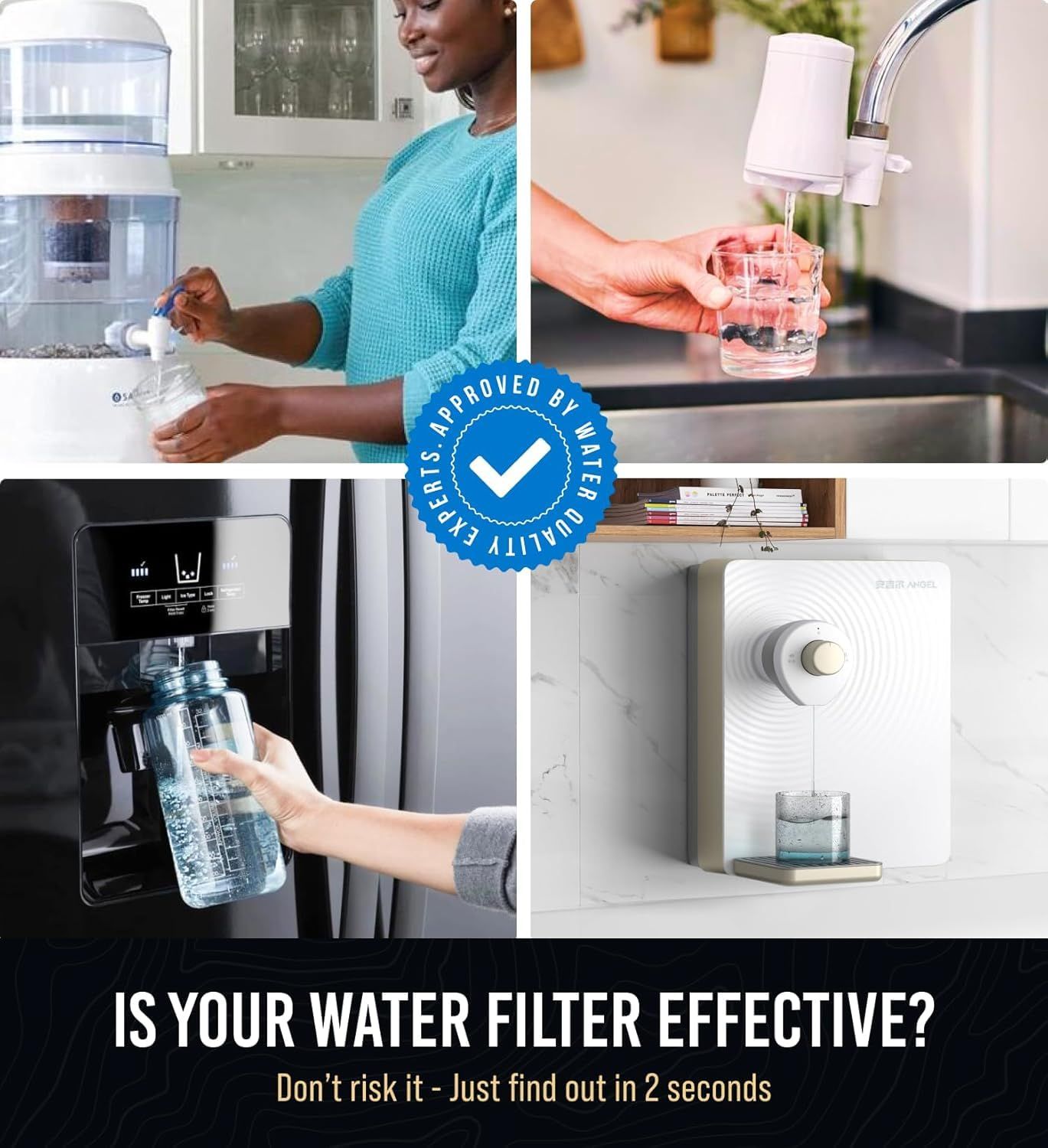 Demonstrates the versatility of the water filter by showing it works with multiple water sources including countertop dispensers, faucet attachments, refrigerator dispensers, and standalone…