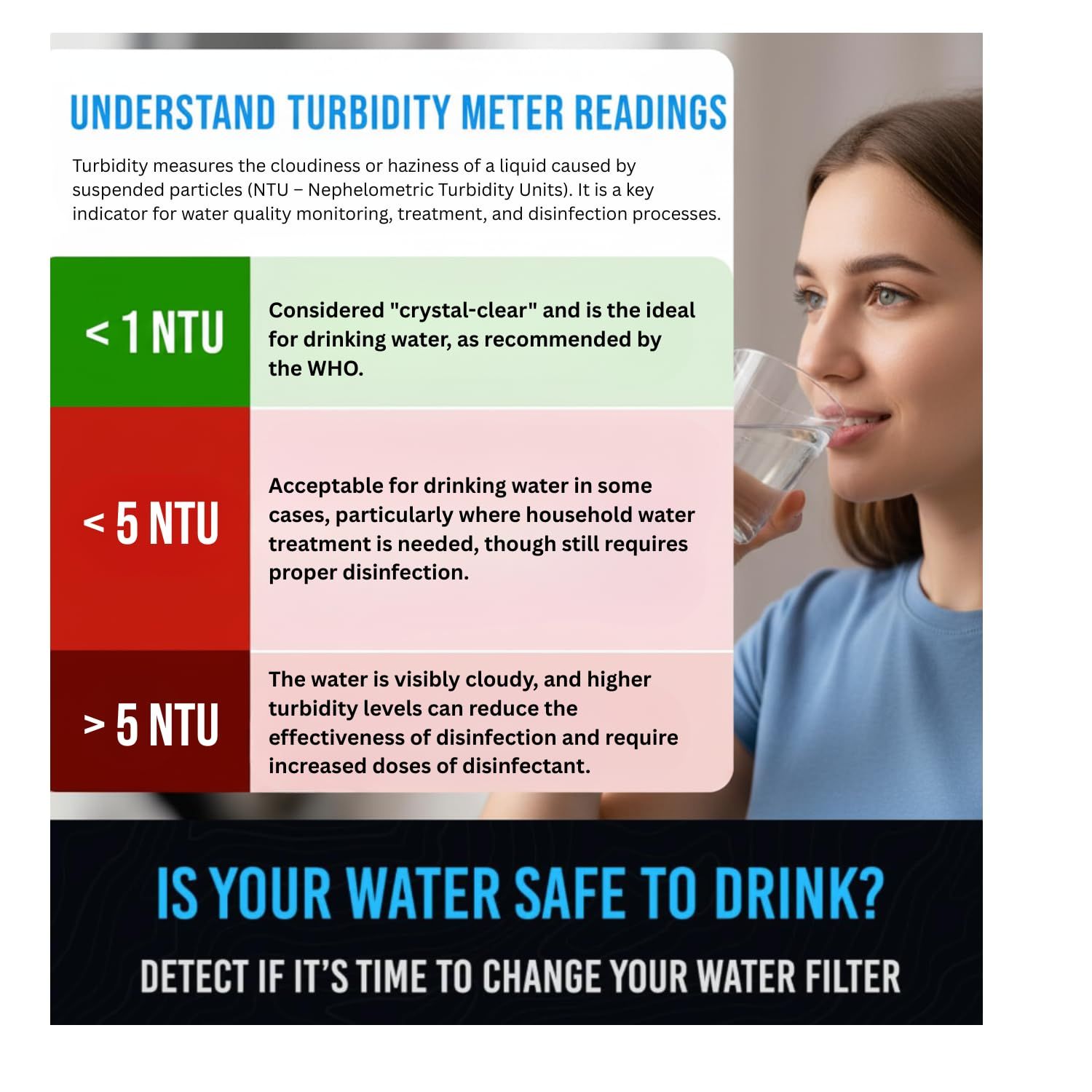 Educates shoppers on how to understand and interpret turbidity meter readings to determine water quality and when to change their water filter. Highlights the product's ability to help users monitor…